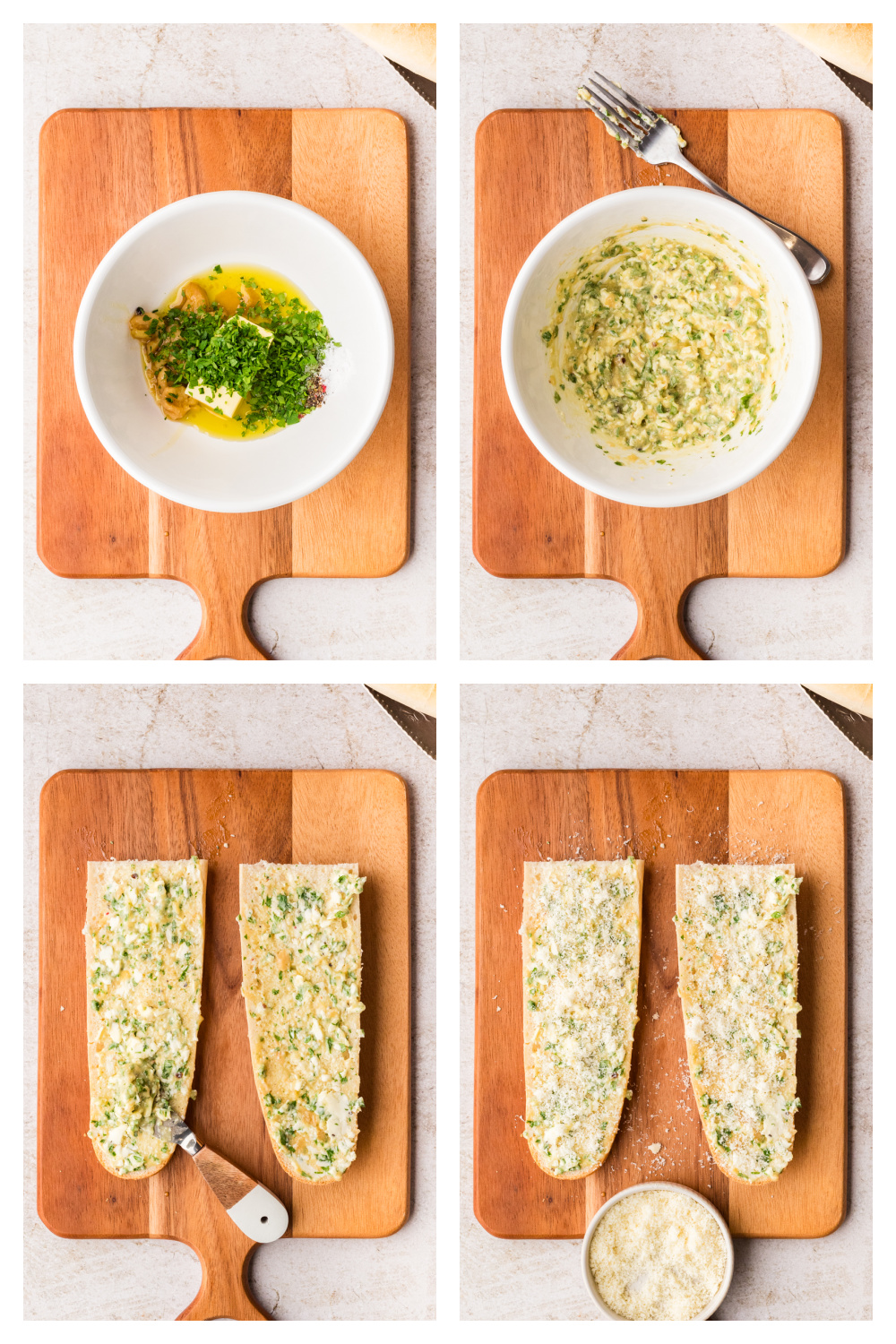 Steps for making air fryer garlic bread with garlic confit, from mixing the butter to spreading it on the bread