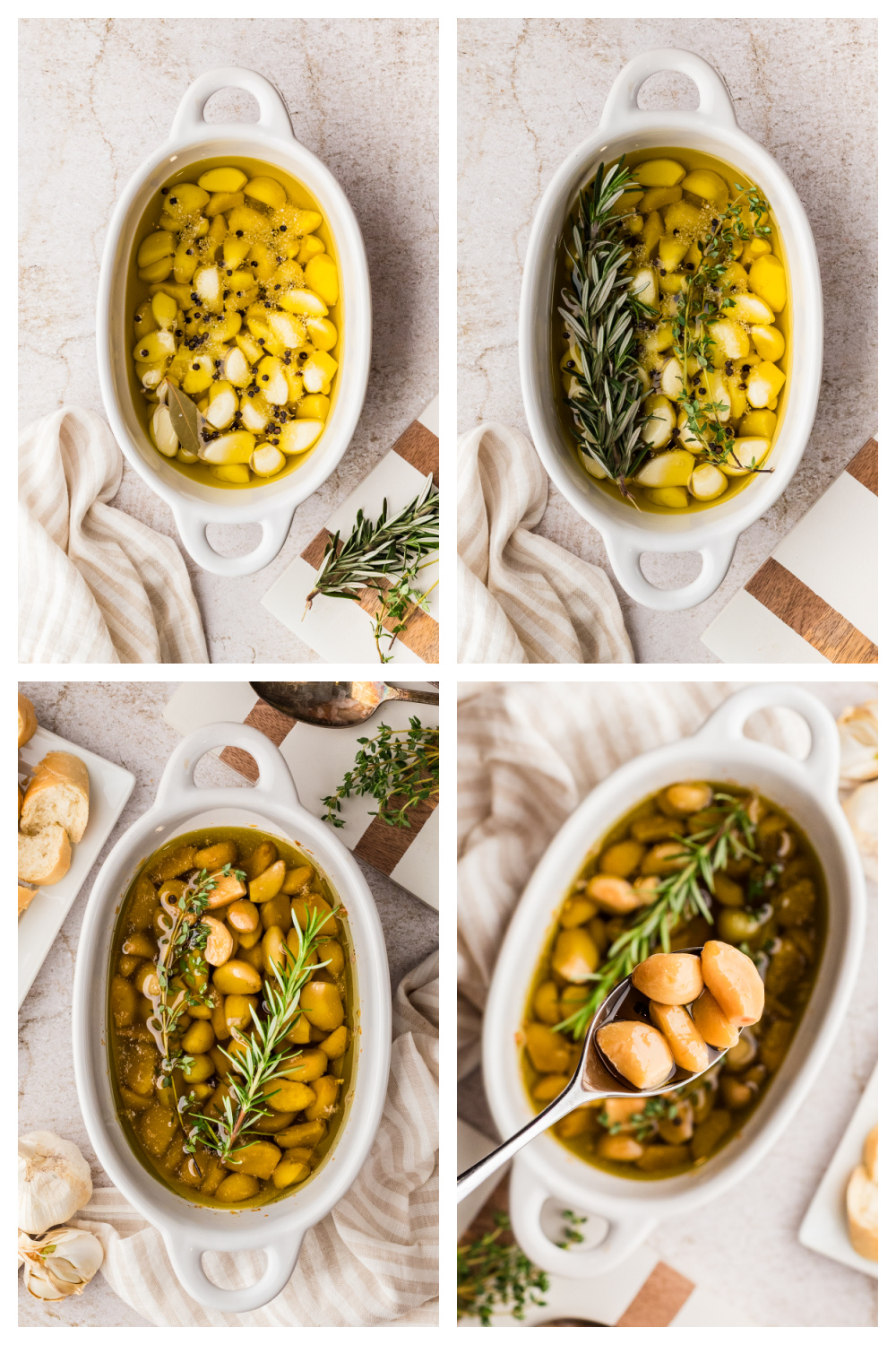 Peeled raw garlic cloves with olive oil, thyme, rosemary, bay leaf, kosher salt, and black peppercorns.