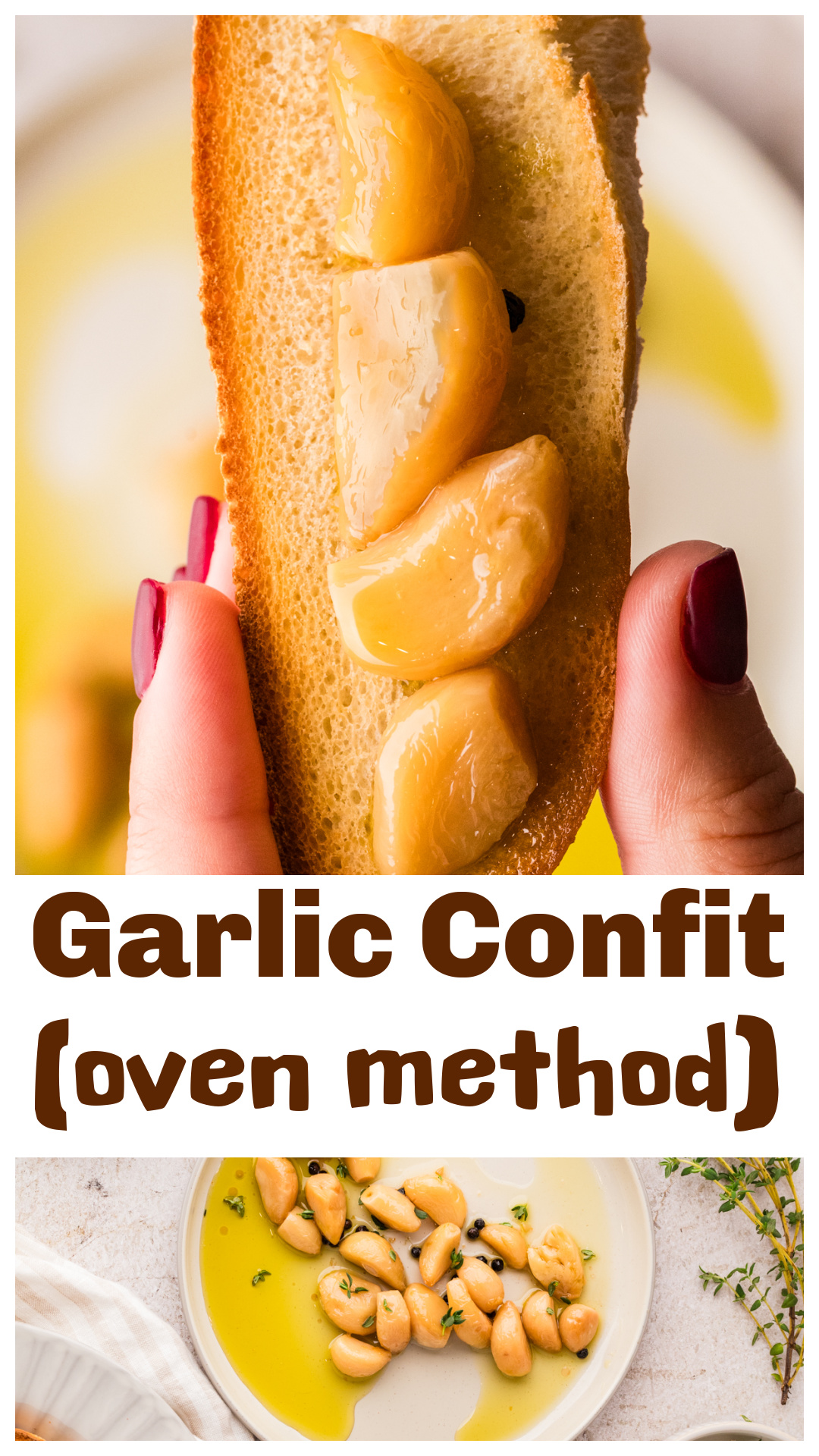 Garlic confit made in the oven by slowly cooking whole garlic cloves in olive oil until soft, mellow, and spreadable. This simple garlic confit recipe uses low heat for tender cloves and infused oil, with clear instructions for safe storage and refrigeration. Use garlic confit on bread, in mashed potatoes, pasta, sauces, or vegetables for rich garlic flavor without harshness. via @cmpollak1