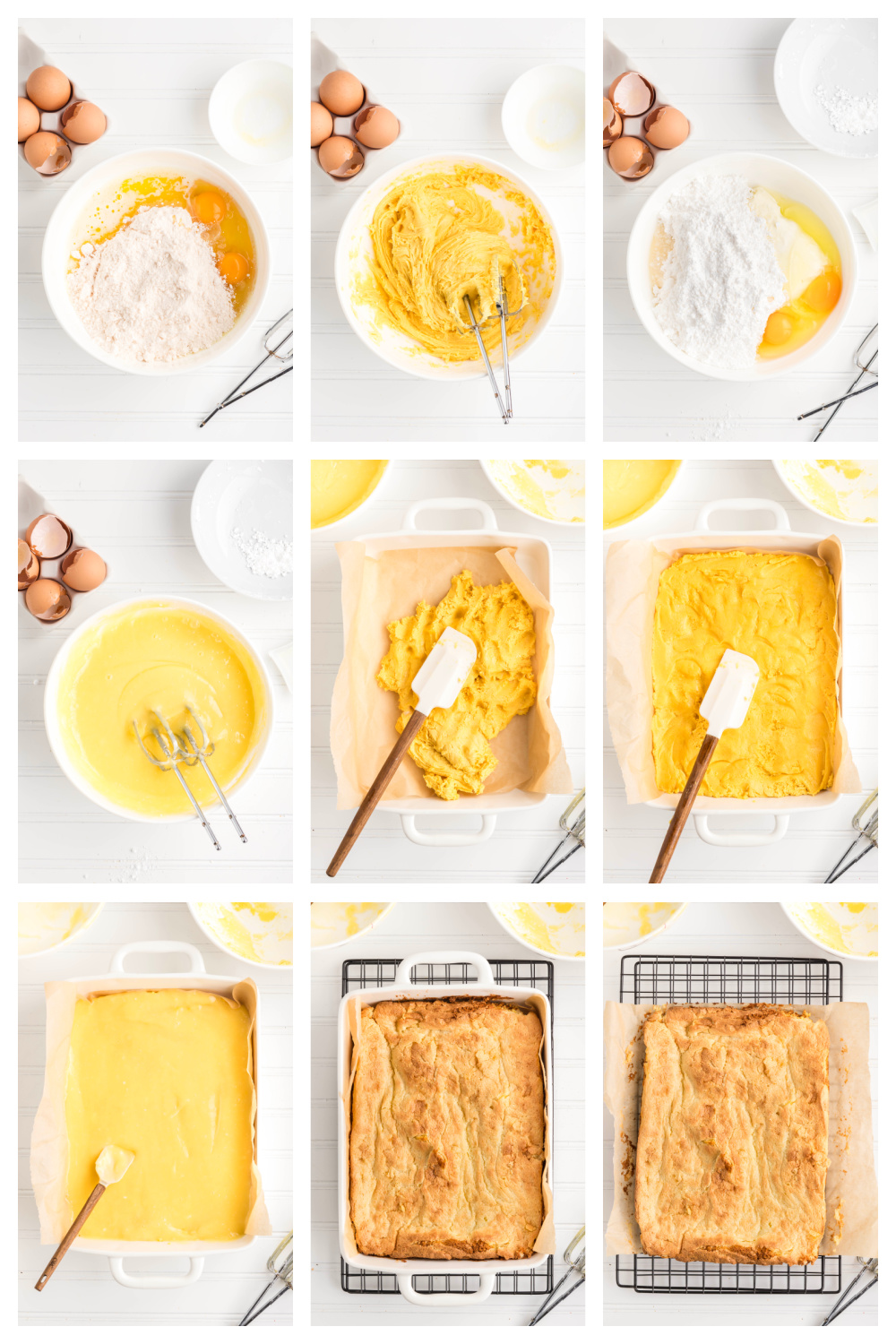 Step-by-step process showing the batter mixed and spread into a baking dish before baking.