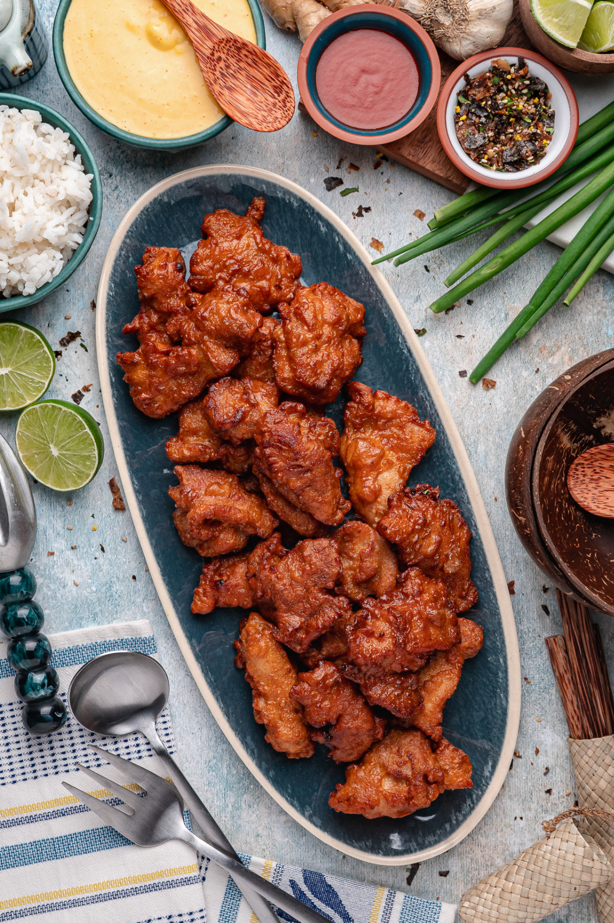 Hawaiian mochiko chicken on platter with crispy sweet rice flour coating