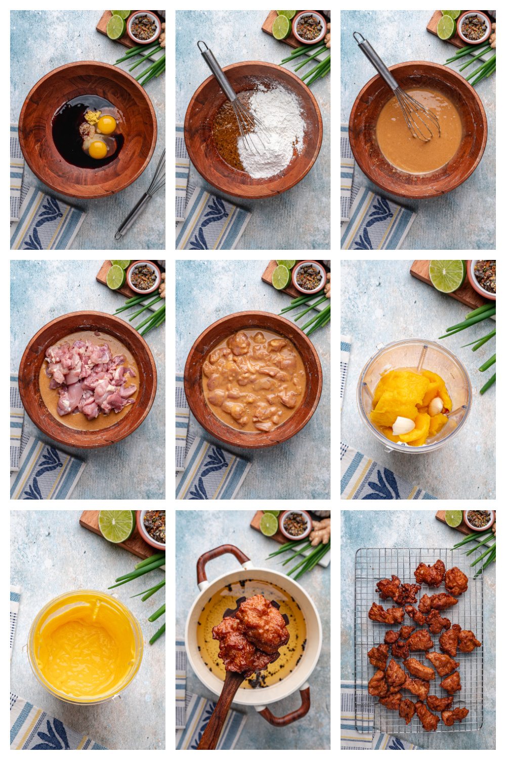 steps showing mochiko batter, marinated chicken, mango aioli, and frying