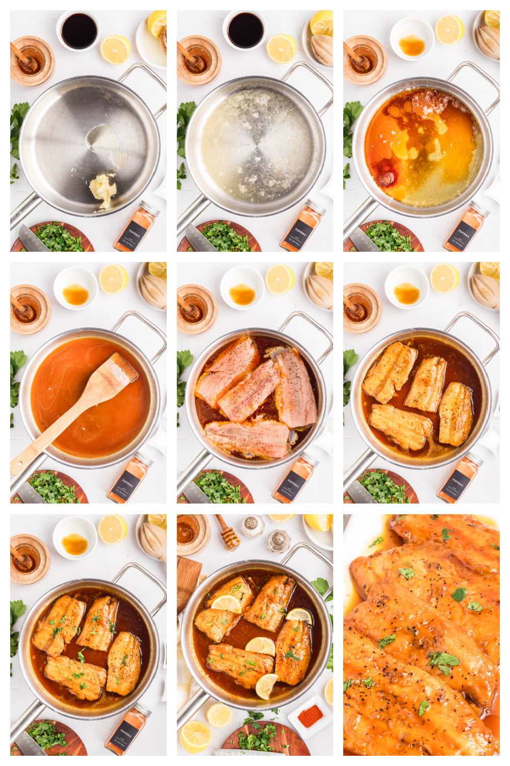 Step-by-step process of making glazed salmon in a skillet, showing the butter melting, honey glaze forming, and salmon cooking in the sauce.