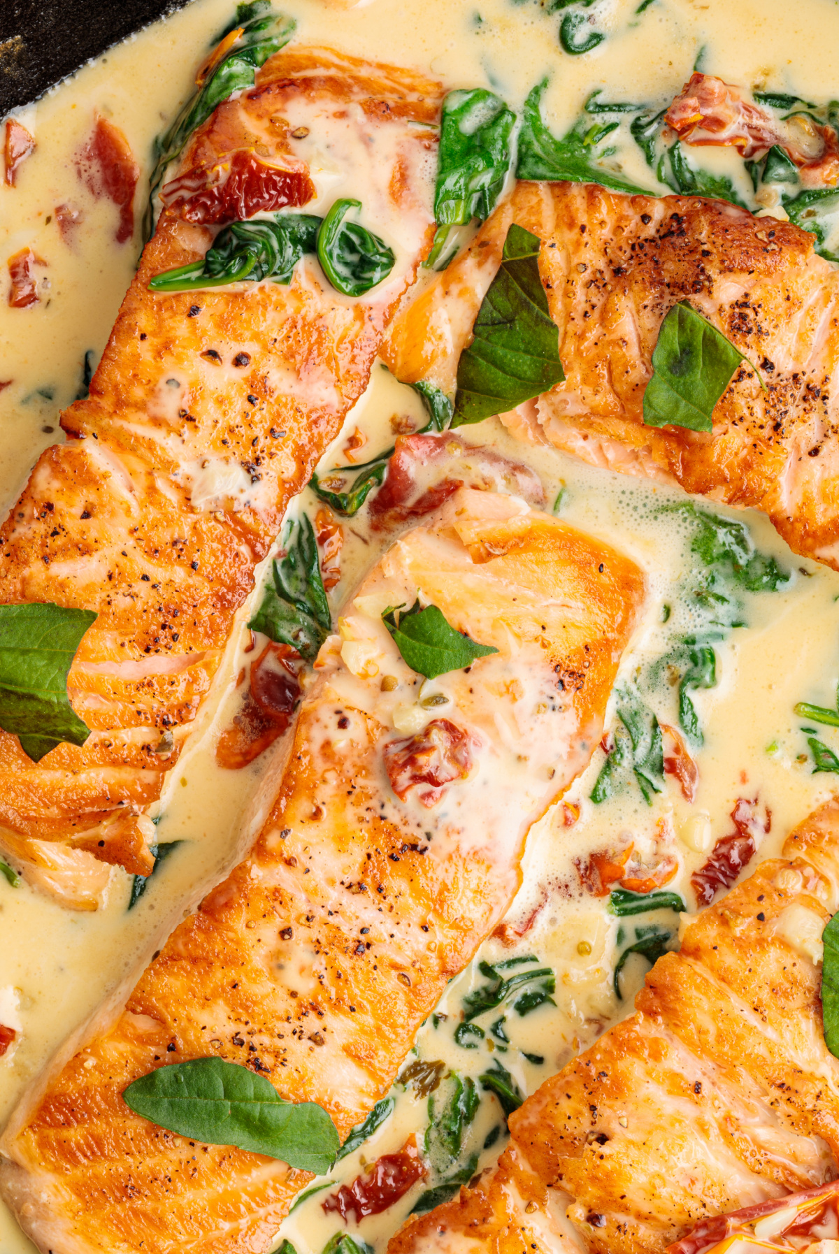 Marry Me Tuscan salmon seared until golden in a creamy garlic sauce with sun-dried tomatoes and wilted spinach.