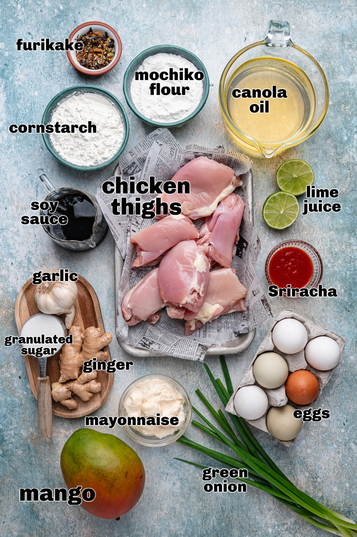 ingredients for mochiko chicken including sweet rice flour and mango