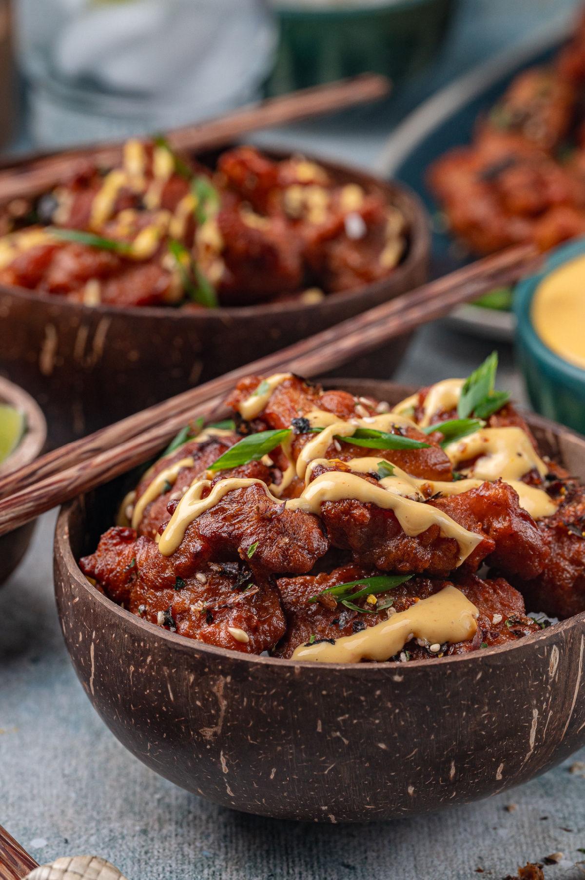 Hawaiian mochiko chicken with mango aioli and green onions