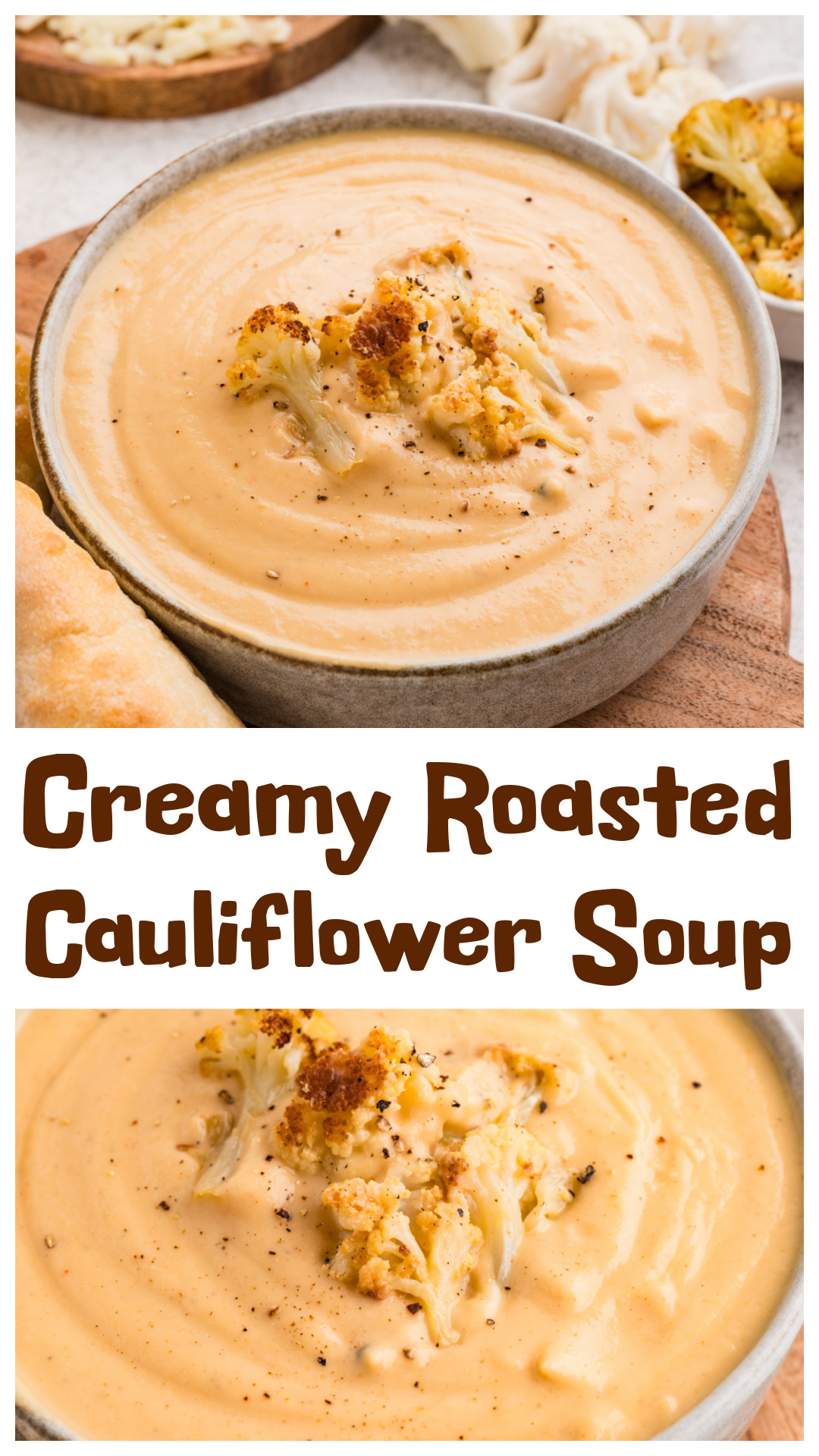 Roasted cauliflower soup made with caramelized florets, roasted garlic, and white cheddar. This creamy cauliflower soup is blended without cream and finished with reserved roasted pieces for texture. A vegetarian, gluten free soup that eats like a full meal. Oven roasted cauliflower builds depth and flavor, making this a cauliflower soup recipe worth repeating. Works with or without cheese. via @cmpollak1