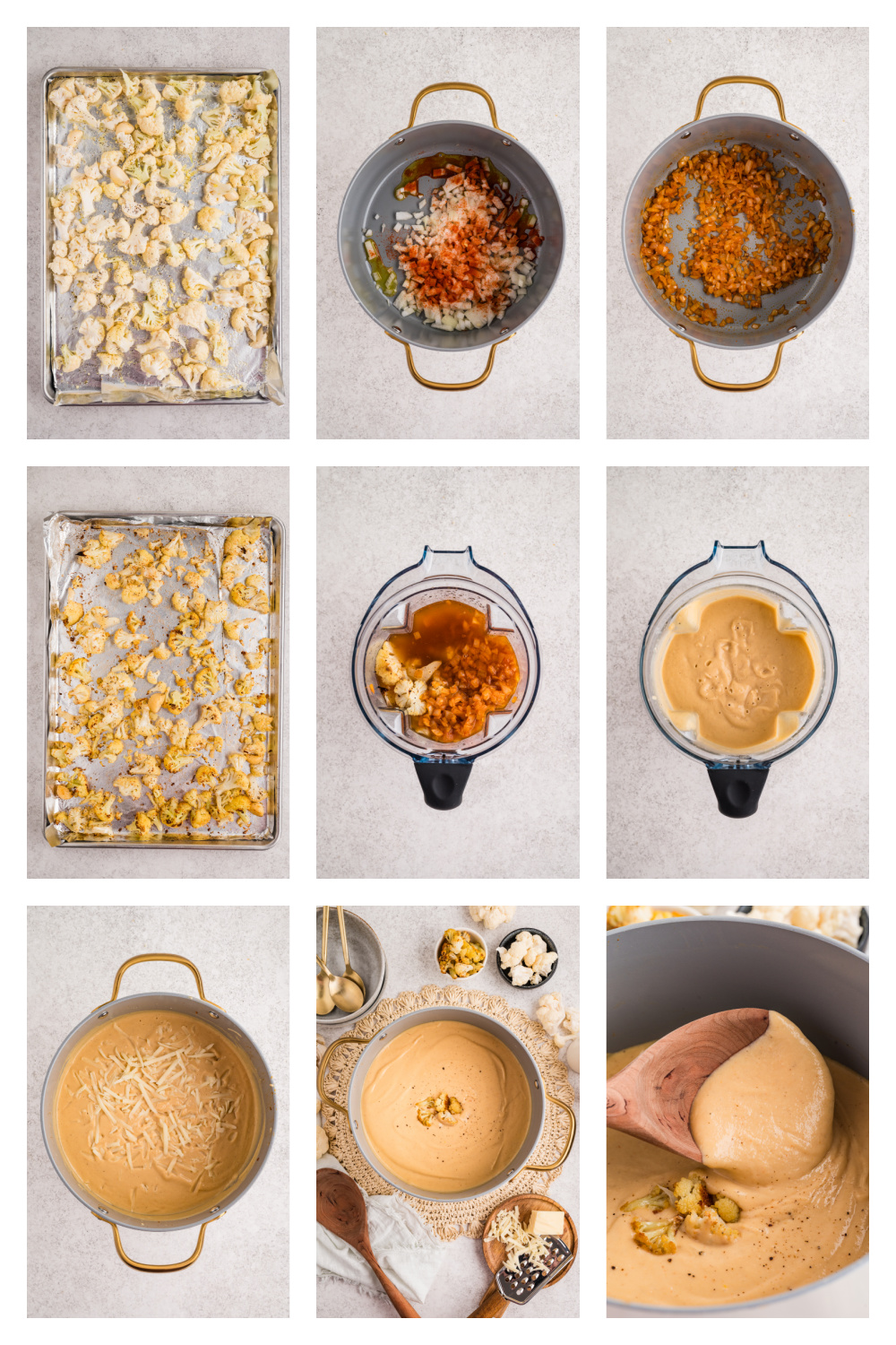 Steps showing how cauliflower soup is made, including roasting cauliflower, saut&eacute;ing onions with paprika, blending the soup, and stirring in white cheddar.