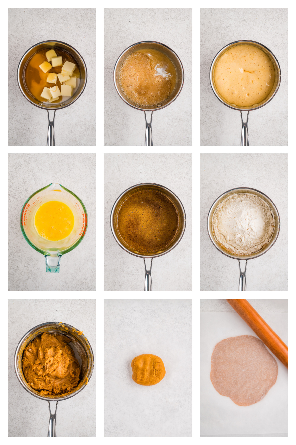 Step-by-step process of making honey cake dough, showing the honey mixture cooking, eggs being added, flour incorporated, and the dough rolled thin.