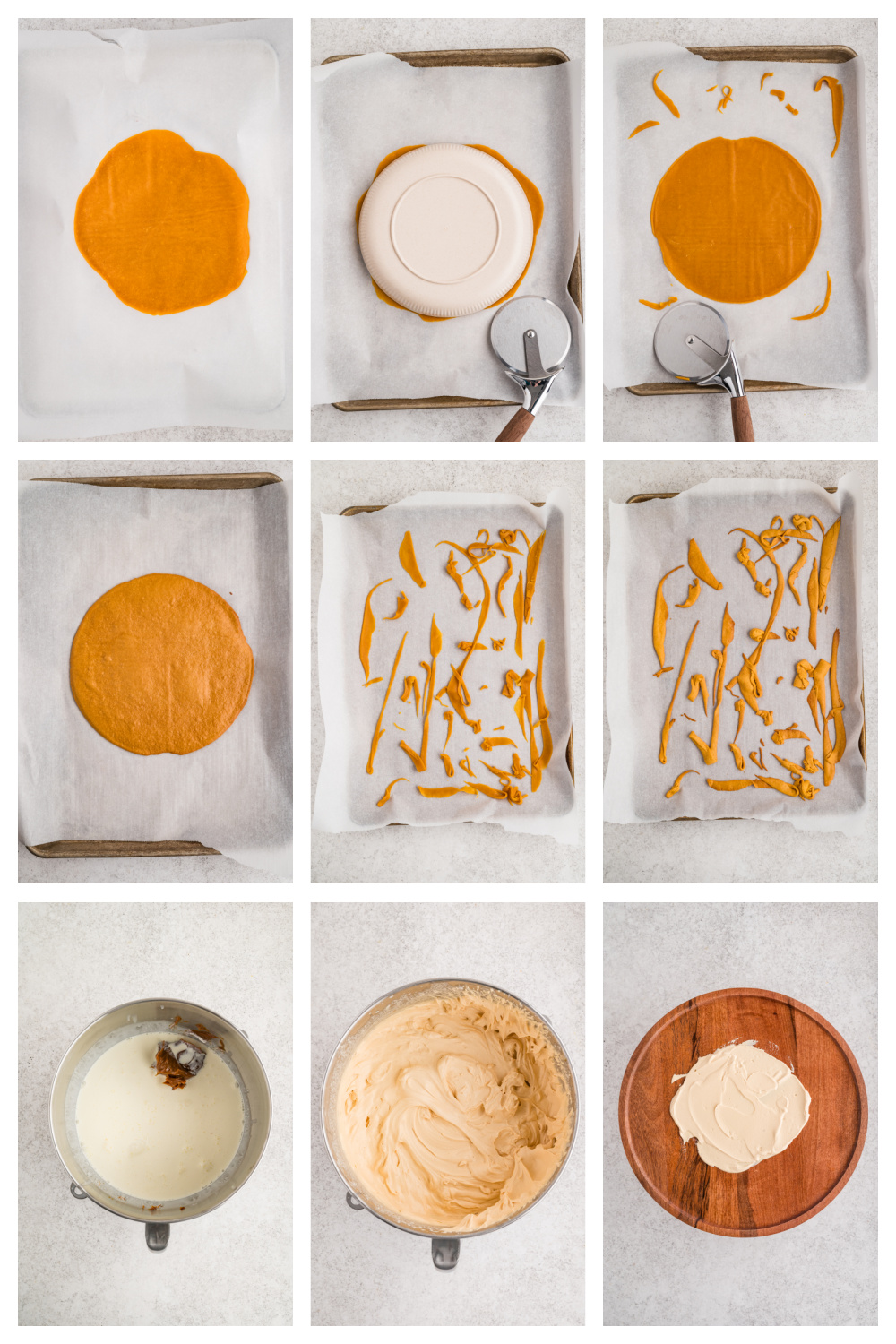 Rolling honey cake dough into thin rounds, trimming the edges, baking the scraps, and whipping the dulce de leche frosting.