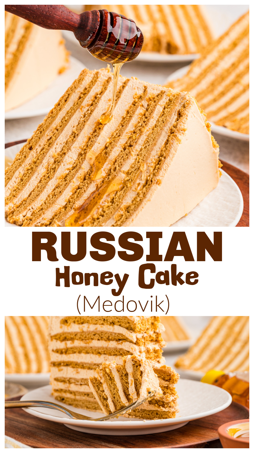 Russian honey cake (Medovik) made with thin baked honey layers and a whipped dulce de leche frosting. The layers are rolled thin, baked until just set, then assembled and refrigerated overnight so the frosting softens the cake into a cohesive, sliceable dessert. This is a layered honey cake that must be served cold and improves with time, making it ideal for make-ahead baking and special occasions. via @cmpollak1