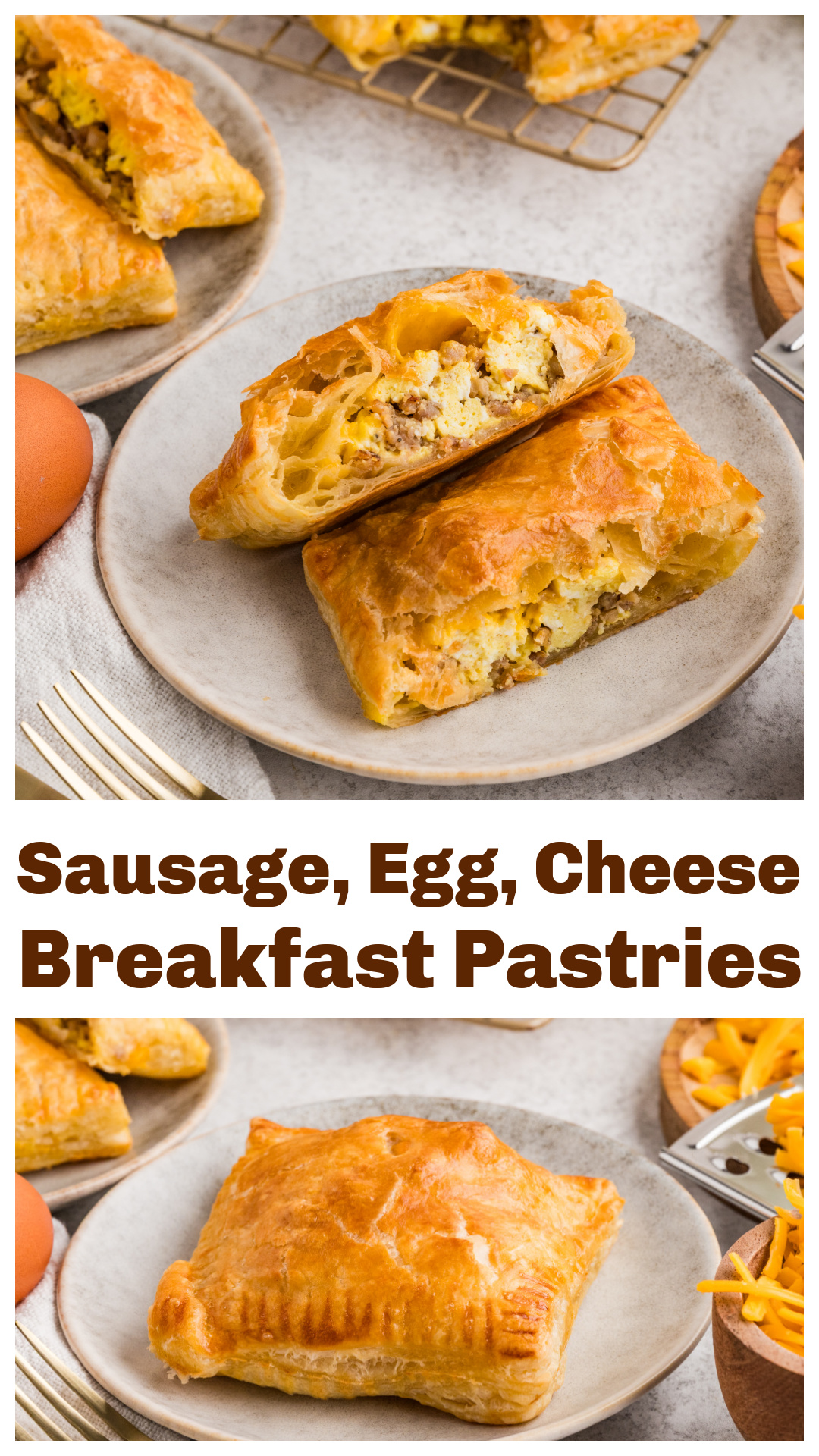 Flaky sausage, egg, and cheese breakfast pastries made with puff pastry and baked until golden. These savory breakfast pastries are filled with seasoned breakfast sausage, scrambled eggs, and shredded cheddar, then sealed and baked for crisp layers and a soft, hearty center. A make-ahead friendly breakfast pastry that works for busy mornings, brunch spreads, or freezer prep without falling apart. via @cmpollak1