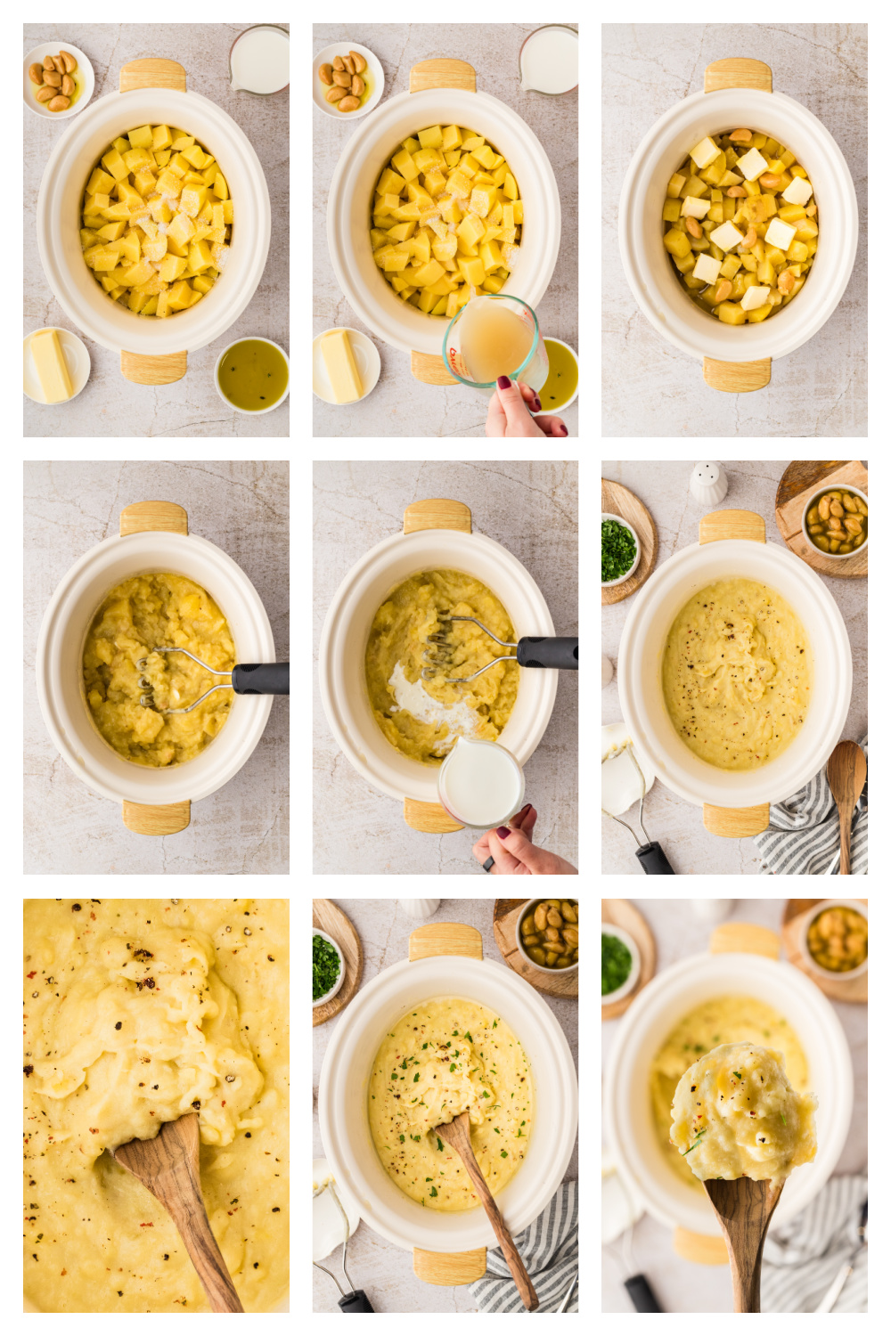 Slow cooker garlic confit mashed potatoes step-by-step, showing potatoes cooking in broth, mashing with garlic confit, and finishing with milk until creamy.