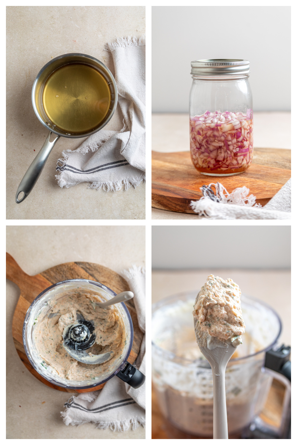 Steps for making smoked salmon dip, showing quick-pickled red onions, the creamy base blended in a food processor, and the finished texture on a spoon.