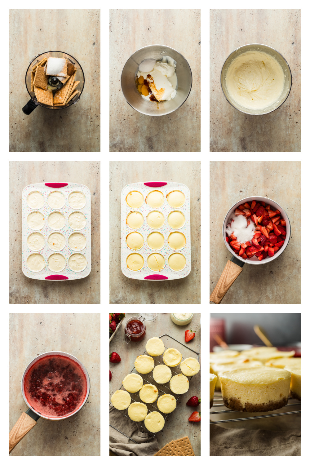 A step-by-step collage showing the process of making mini cheesecakes, including crushing graham crackers, mixing the cheesecake filling, filling a muffin tin, baking, cooking the strawberry topping, and cooling the cheesecakes on a rack.