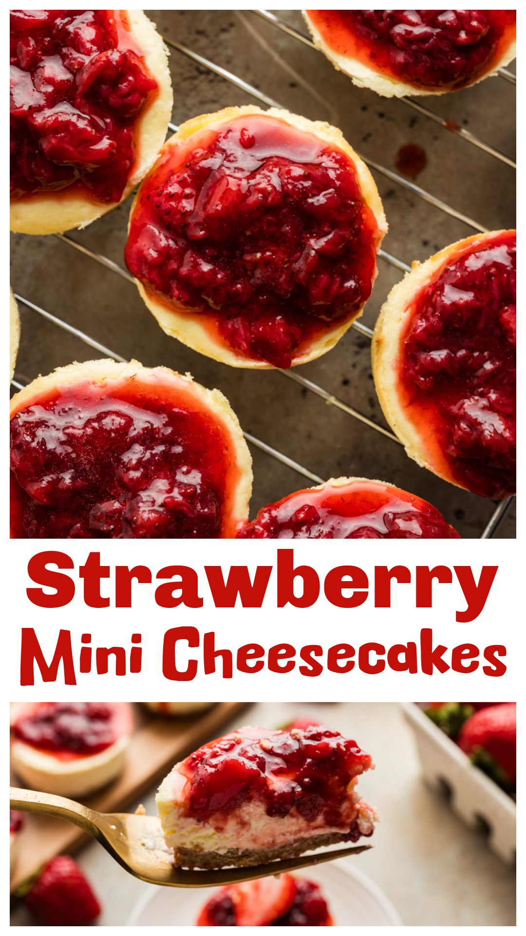 Strawberry mini cheesecakes baked in a muffin tin with a graham cracker crust and fresh strawberry topping. These individual cheesecakes are smooth, creamy, and easy to portion, with no slicing or water bath required. Made with real cream cheese, eggs, and a simple cooked strawberry topping. A make-ahead dessert that chills well, freezes without the topping, and works for parties, holidays, or anytime you want cheesecake without committing to a full cake. via @cmpollak1