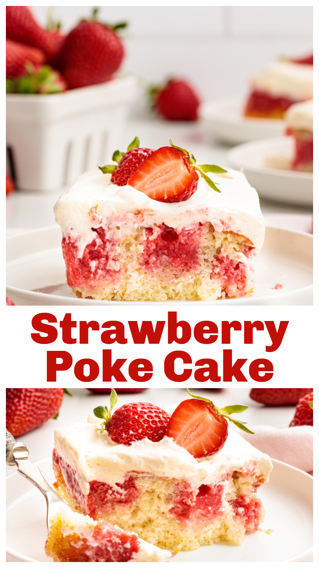 Strawberry poke cake made with white cake mix, strawberry Jell-O blended with fresh strawberries, and whipped vanilla cream cheese frosting. This cold, make-ahead poke cake sets nicely, slices well, and holds its shape without Cool Whip. A dependable strawberry dessert for potlucks, gatherings, and refrigerator desserts that improve after chilling. via @cmpollak1