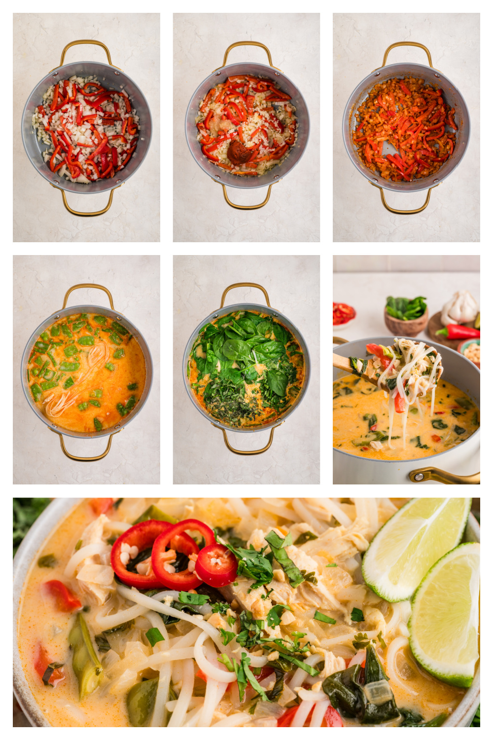 Step-by-step process of making coconut curry chicken soup, showing saut&eacute;ed onion and bell pepper, bloomed red curry paste, broth and coconut milk added, rice noodles cooking, greens stirred in at the end, and finished soup ladled hot.