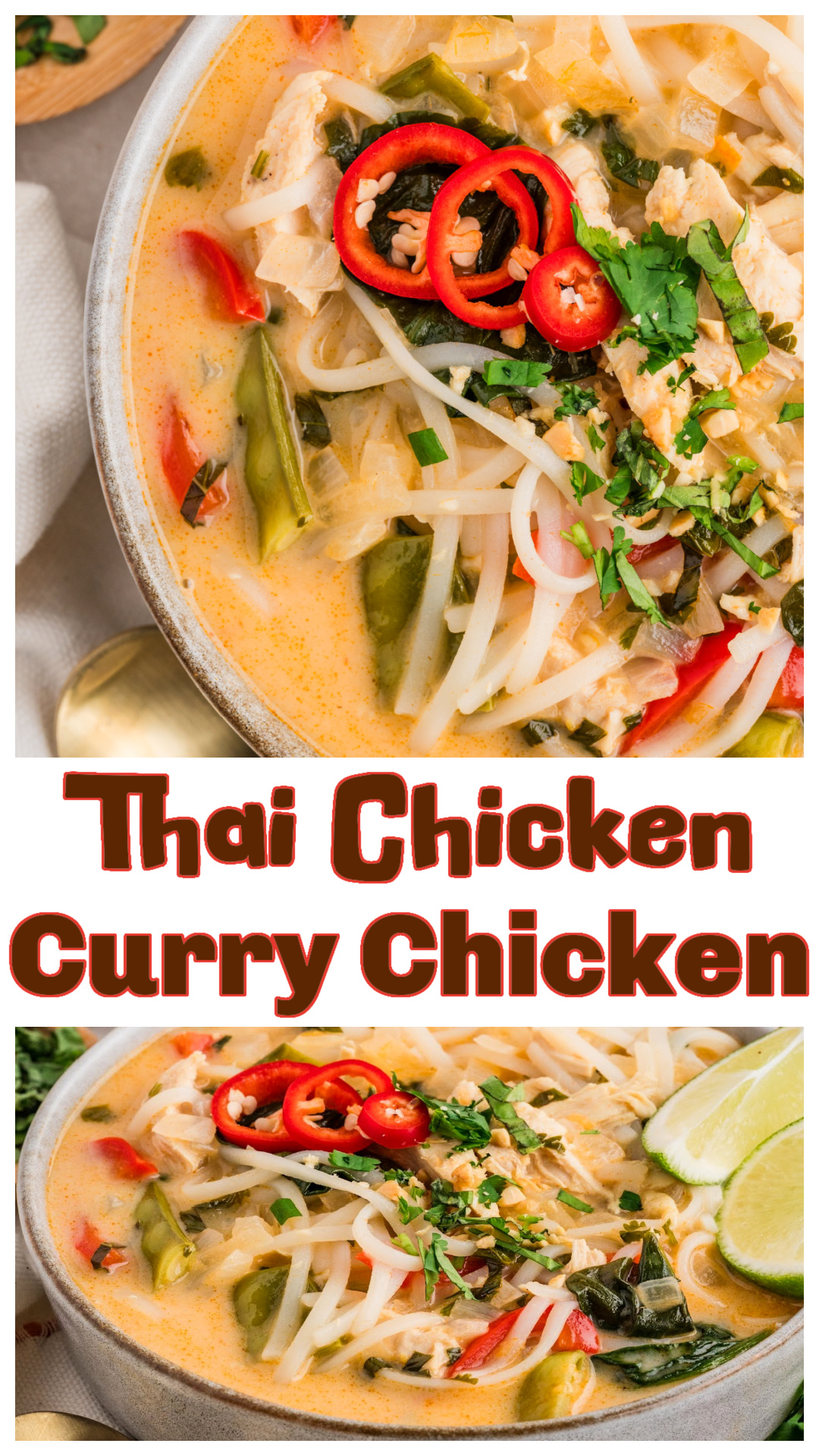 Thai chicken curry soup with coconut milk made with red curry paste, rice noodles, shredded chicken, snow peas, and fresh herbs. This Thai chicken curry soup recipe is brothy, not thick, and comes together in about 30 minutes. Coconut milk balances the curry, lime adds brightness, and rice noodles make it filling without heaviness. Easy Thai chicken curry soup for weeknight dinner, meal prep, or leftover rotisserie chicken. via @cmpollak1