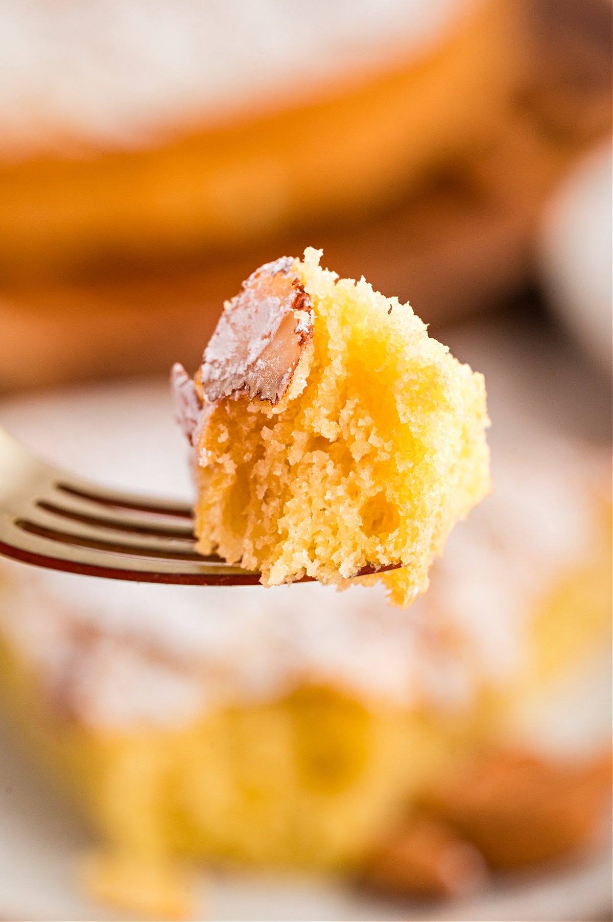 Fork holding a bite of almond flour cake showing the soft, airy interior crumb