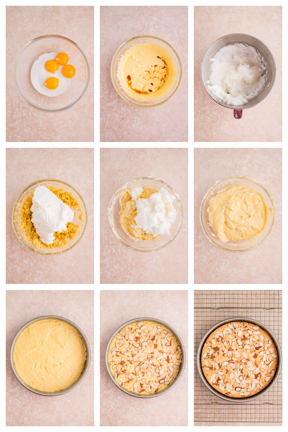 Step-by-step process photos showing how to make almond cake, including whipping egg whites, folding batter, and baking in a 9-inch pan