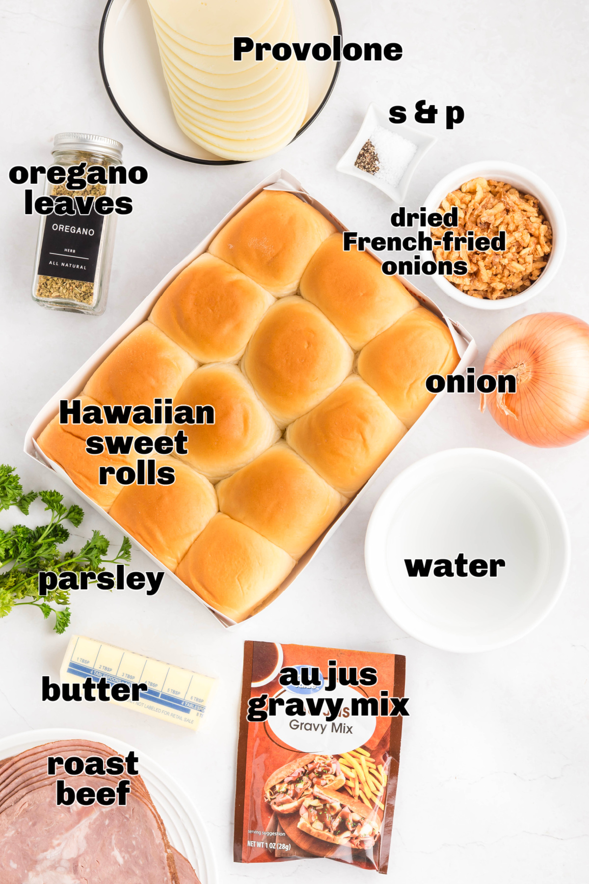 French dip sliders ingredients including Hawaiian sweet rolls, roast beef, provolone, onion, butter, and au jus gravy mix