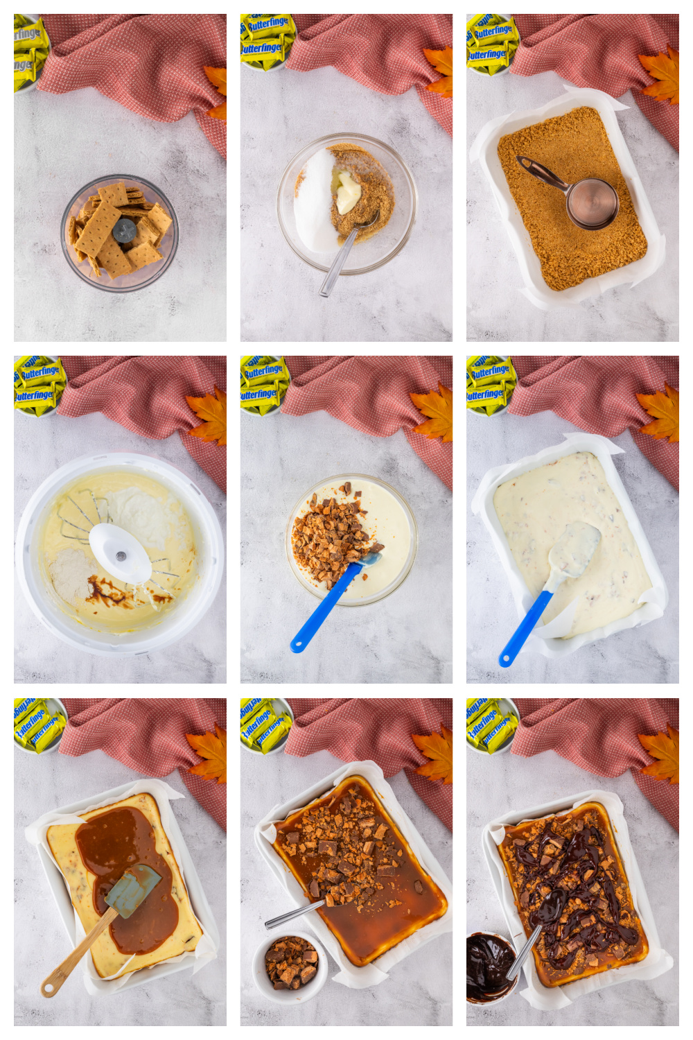Process collage showing how to make Butterfinger Caramel Cheesecake Bars from crust to caramel topping