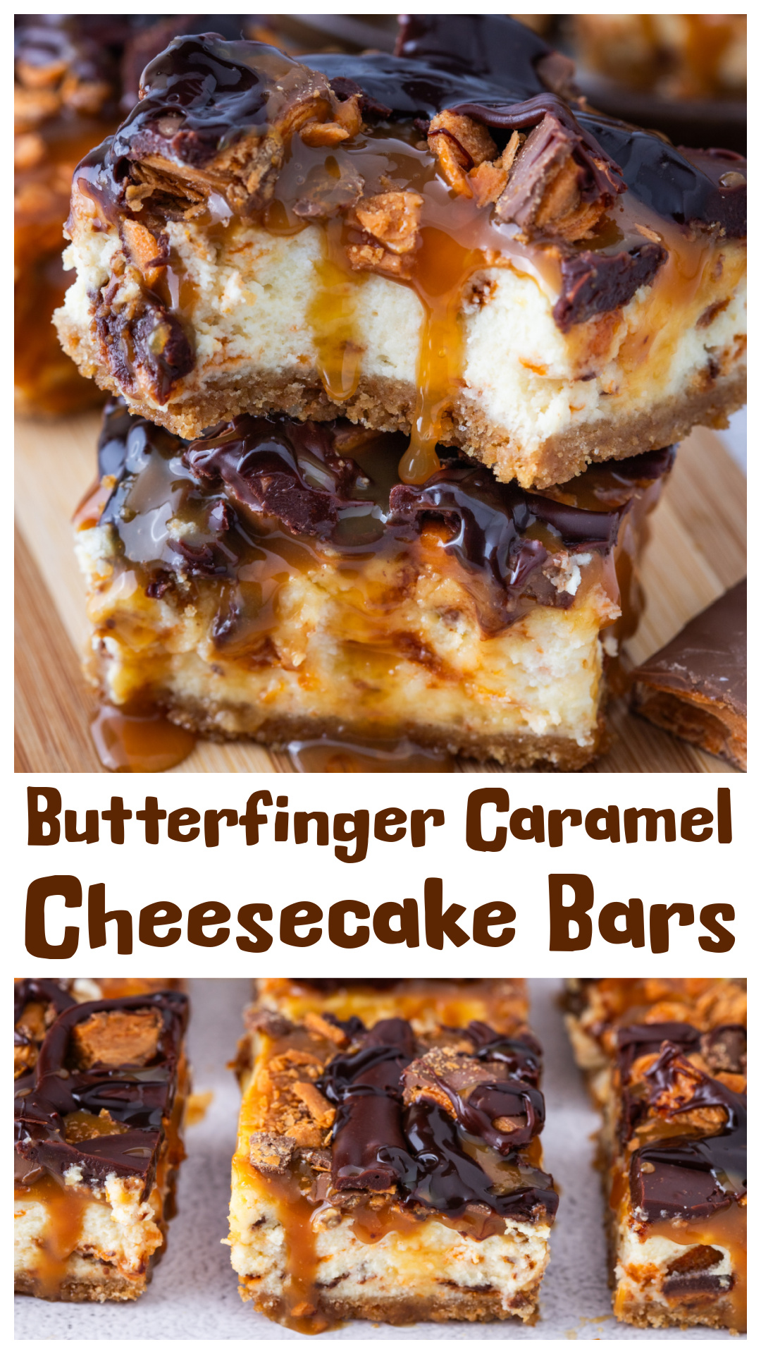 Butterfinger Caramel Cheesecake Bars with a buttery graham cracker crust, creamy baked cheesecake filling, smooth caramel sauce, and chopped Butterfinger candy bars throughout. These rich cheesecake bars are perfect for Valentine&rsquo;s Day, holiday dessert tables, potlucks, or any time you want an easy candy bar dessert. Includes 9x9 and 9x13 pan options, make-ahead tips, and slicing tricks for the best bars. via @cmpollak1