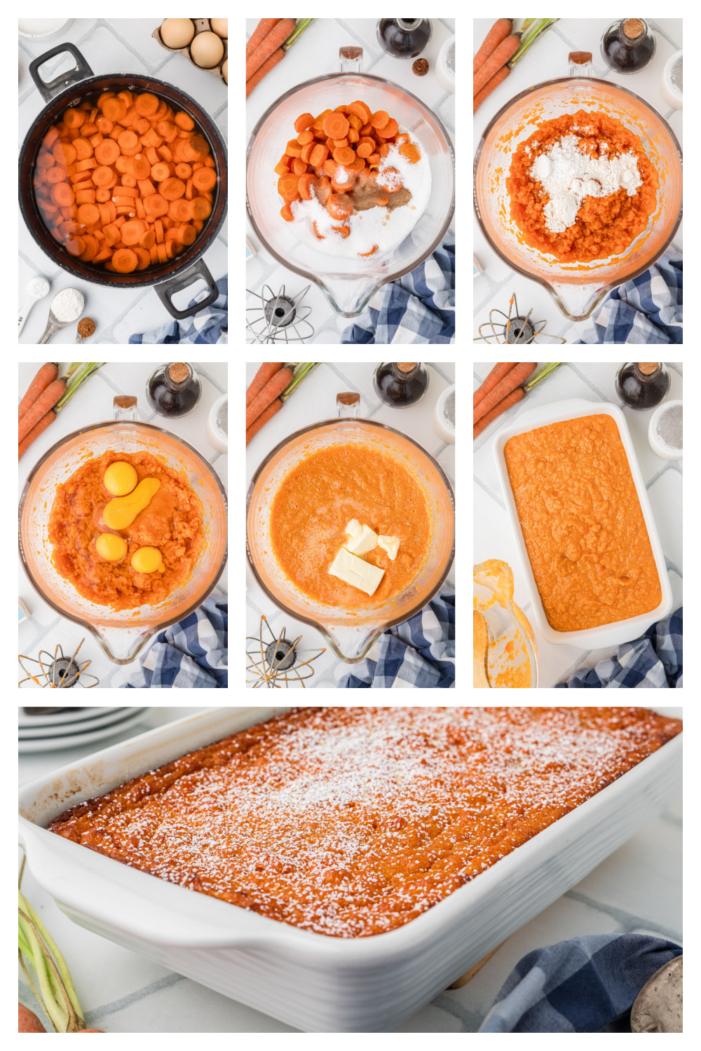 Step-by-step process of making carrot casserole from boiling carrots to mixing batter and baking