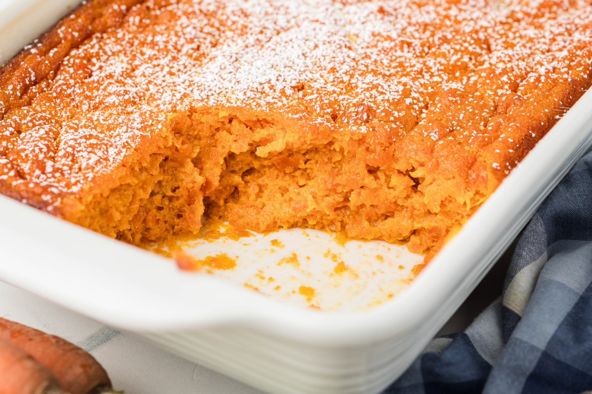 Close-up of Carrot Souffle showing soft, custard-like center after serving