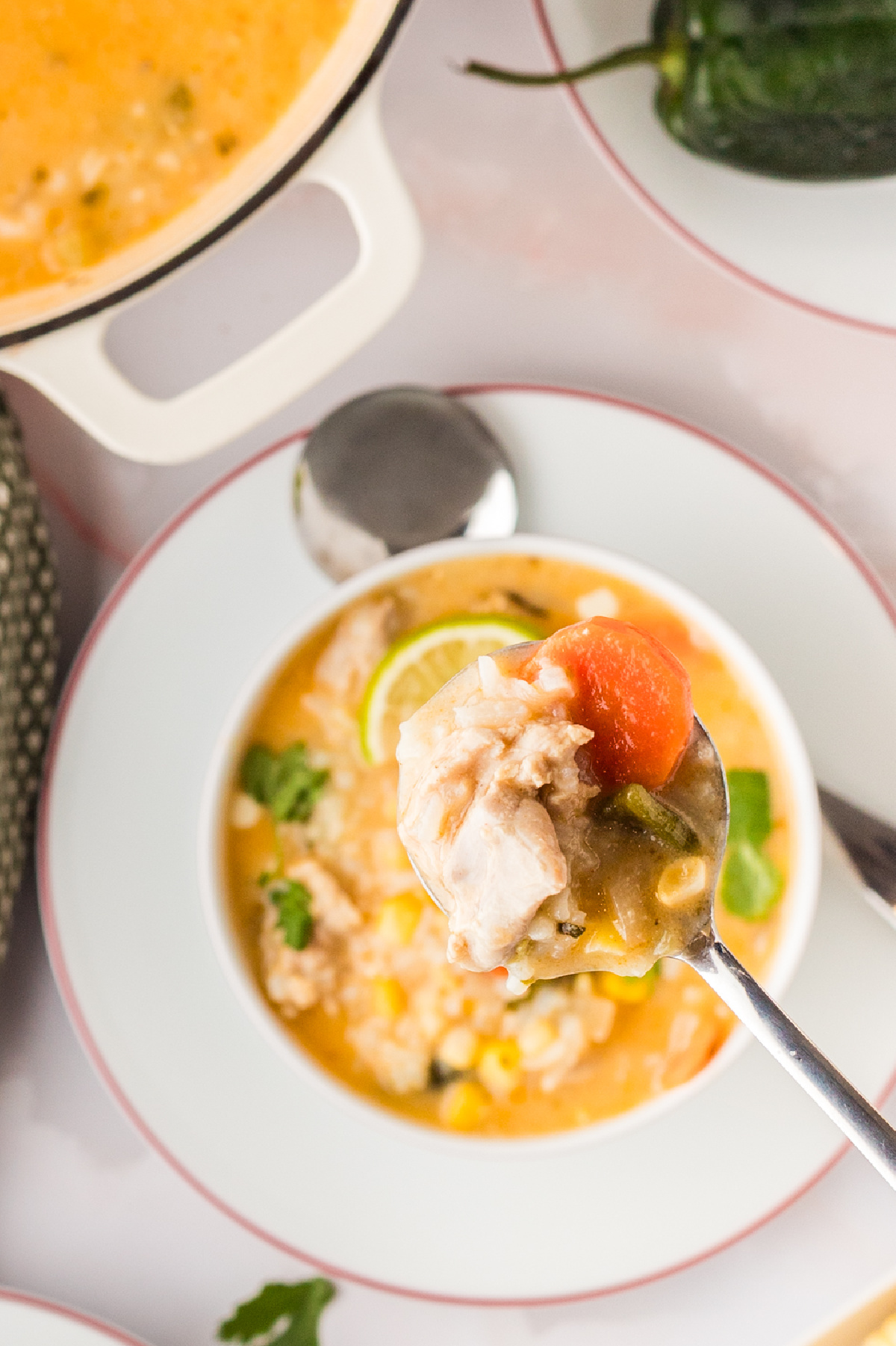 Spoonful of creamy chicken and rice soup with poblano, carrot, and corn