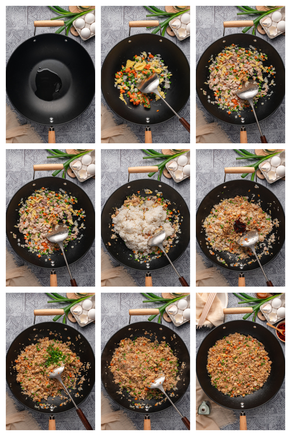 Step-by-step process of making fried rice with chicken in a wok, from saut&eacute;ing vegetables to finishing the rice
