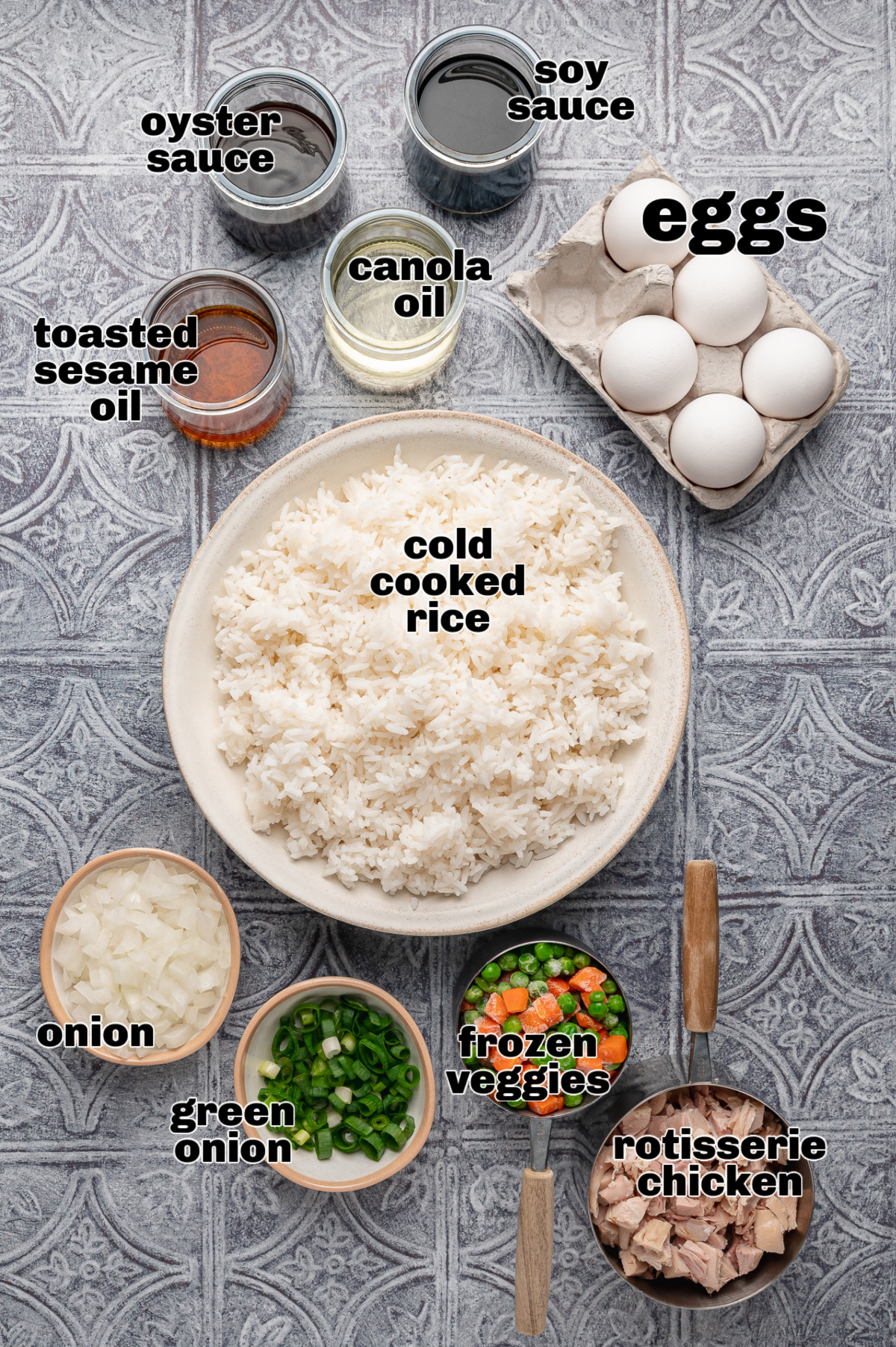 Chicken fried rice ingredients including cold cooked rice, rotisserie chicken, eggs, soy sauce, oyster sauce, and vegetables