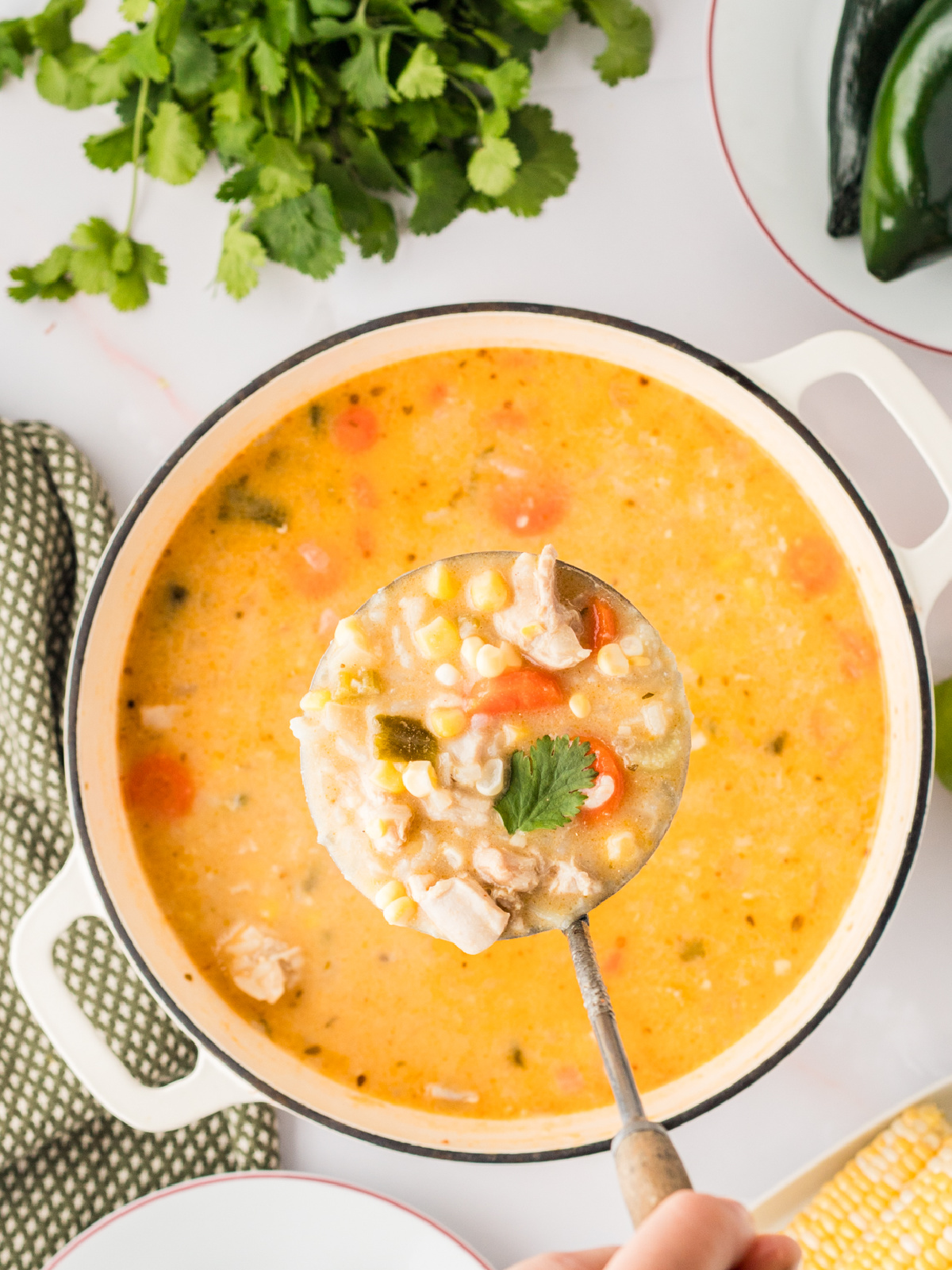 Creamy Chicken and Rice Poblano Soup being ladled from Dutch oven with corn and carrots