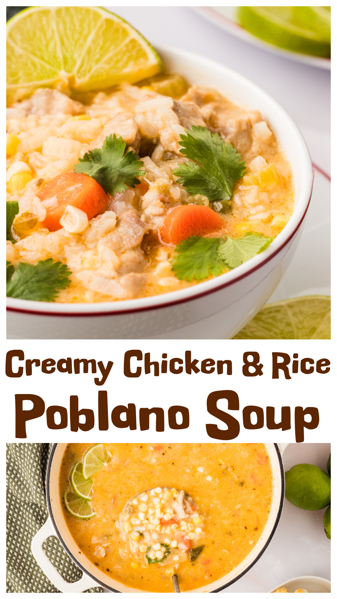 Creamy Chicken and Rice Poblano Soup made with charred poblano pepper, tender chicken thighs, jasmine rice, sweet corn, and a lightly creamy broth. This smoky chicken and rice soup is balanced with fresh lime and cilantro and thickens naturally as it simmers. An easy weeknight dinner recipe that feels comforting. via @cmpollak1