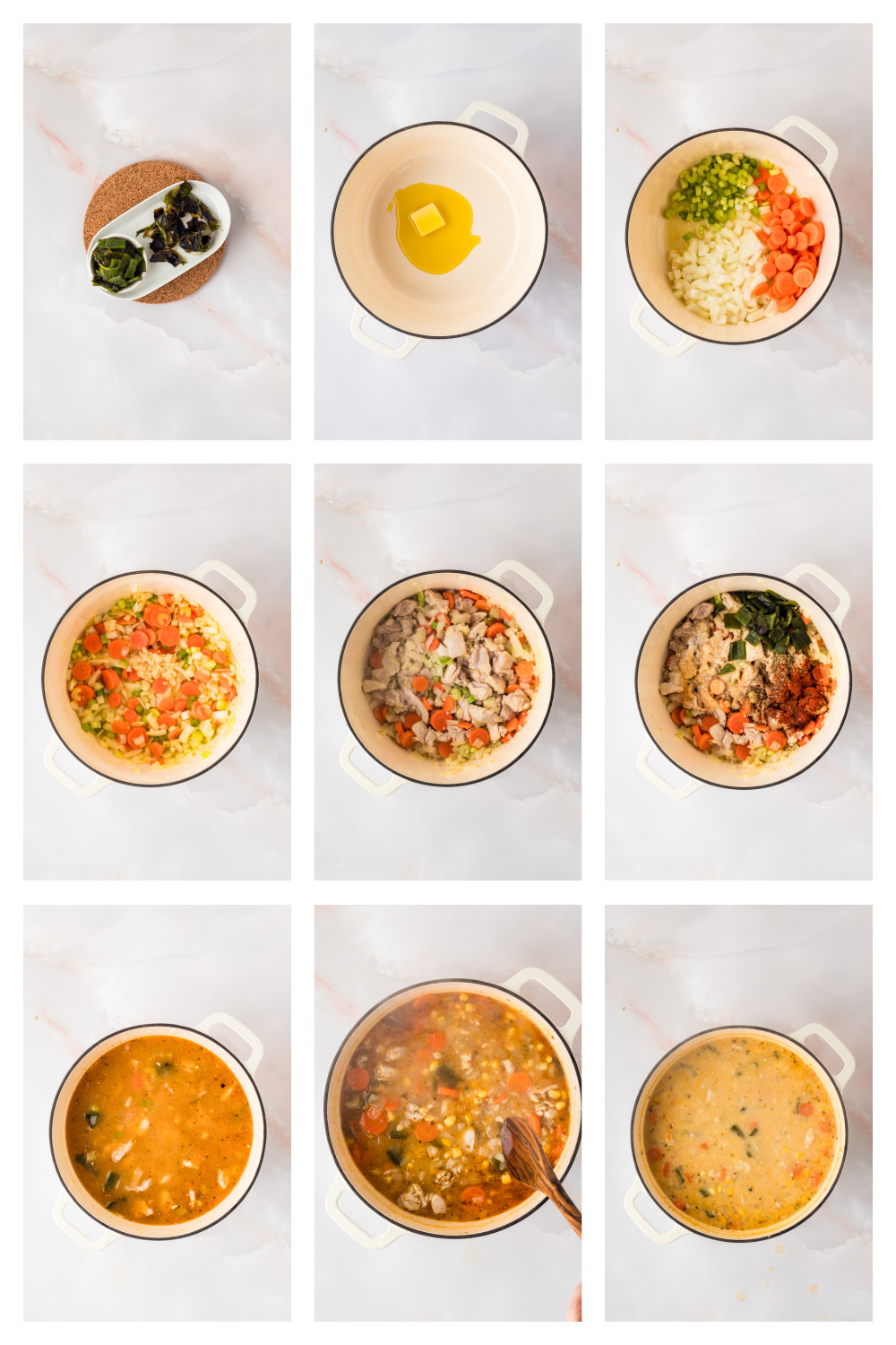 Step-by-step process of making creamy chicken and rice soup with charred poblano and vegetables
