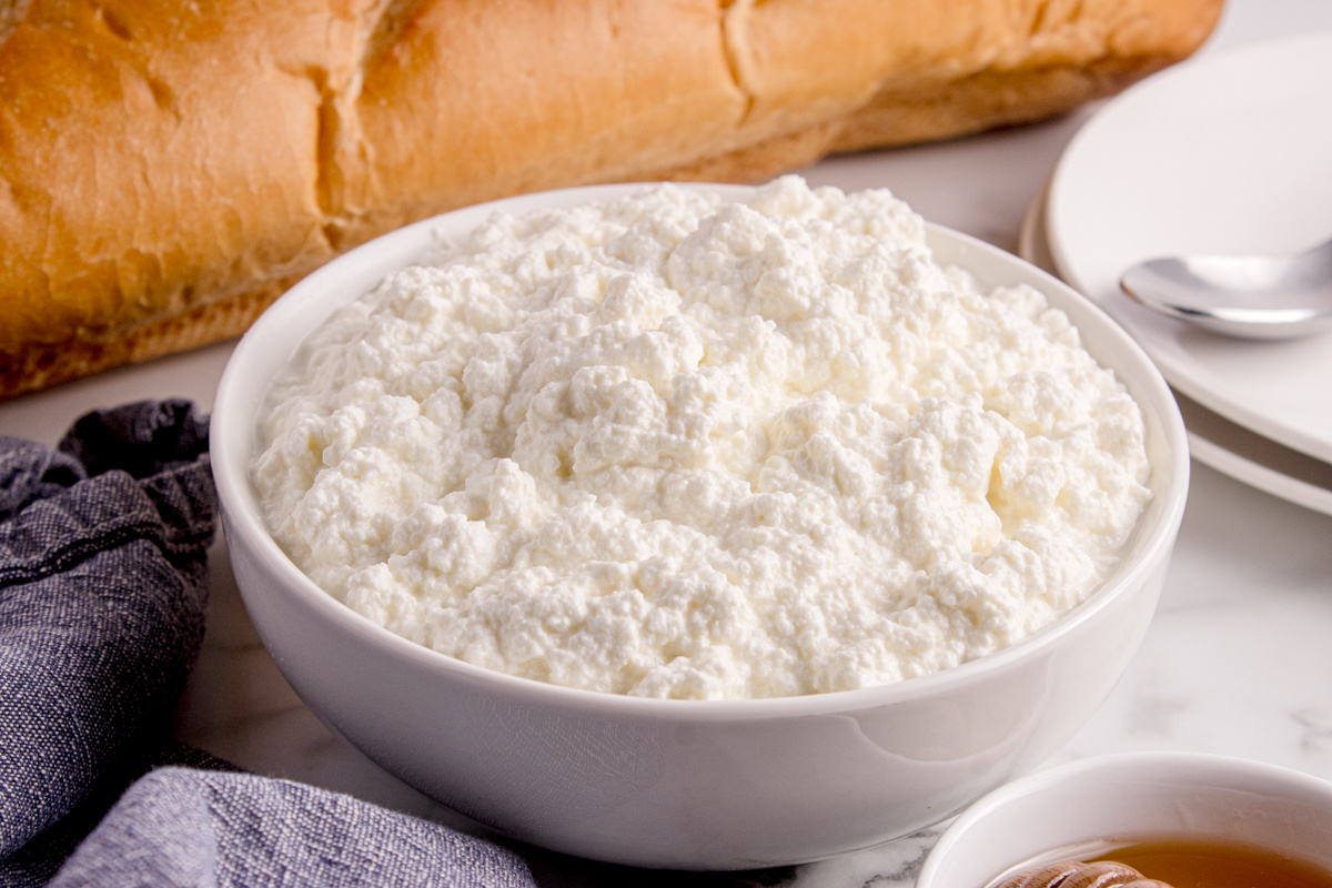 Creamy homemade ricotta cheese in a bowl on the counter