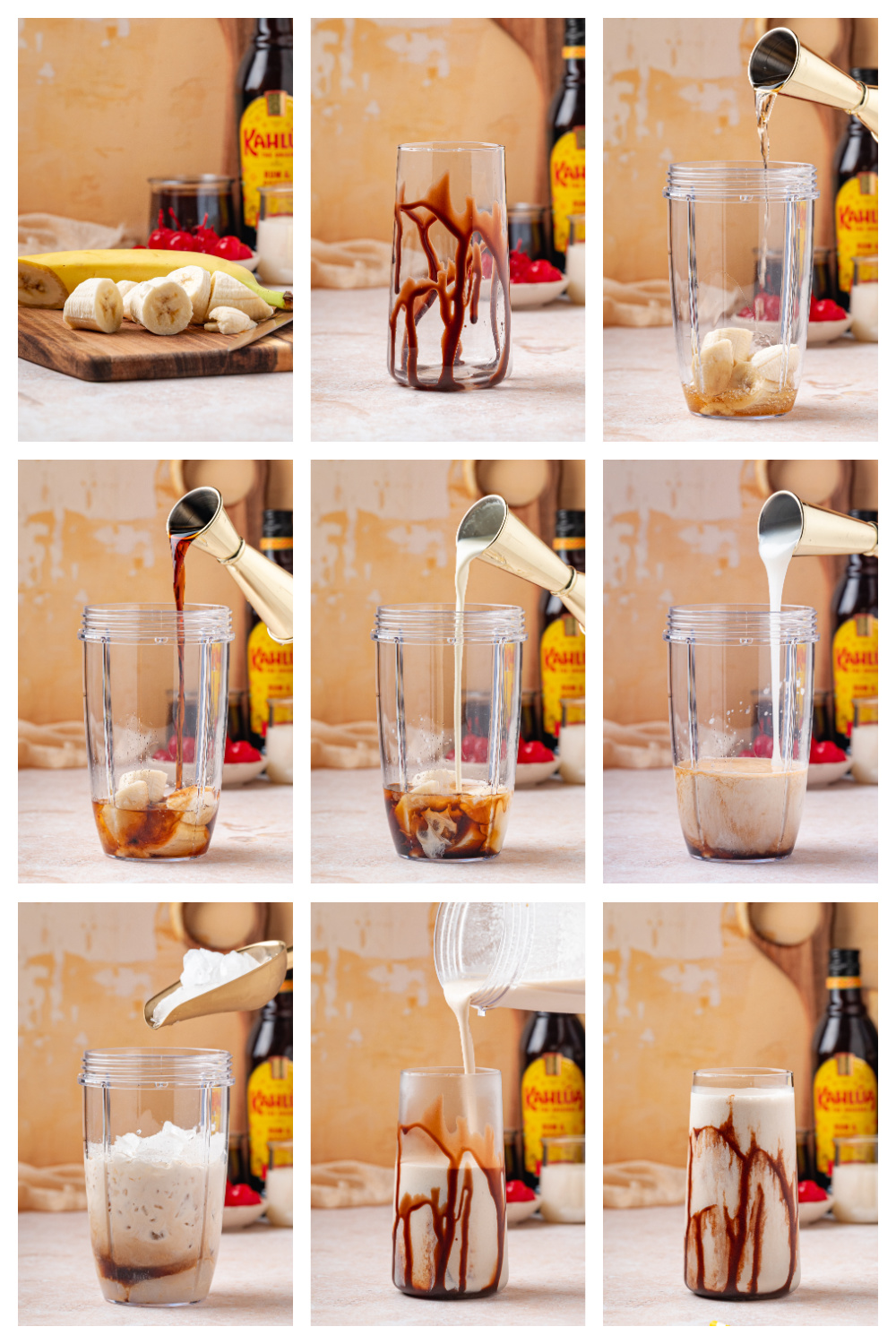 Step-by-step process of making a frozen banana rum drink with chocolate swirl, rum, coffee liqueur, cream, coconut, and ice in blender