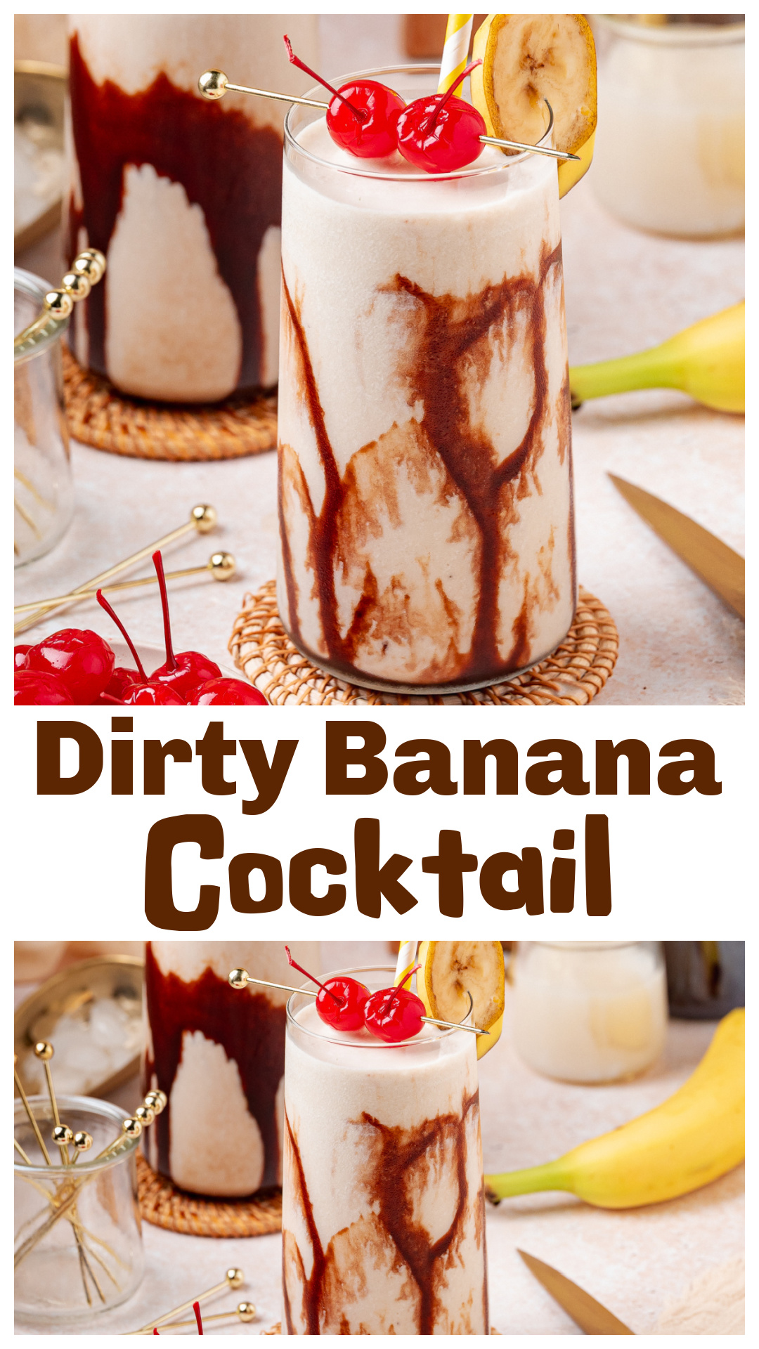 Creamy Dirty Banana cocktail made with dark rum, coffee liqueur, ripe banana, heavy cream, and cream of coconut. This frozen rum drink blends into a smooth, dessert-style cocktail with tropical flavor and rich coffee notes. No ice cream needed. Perfect summer drink, blender cocktail, Jamaican-inspired rum recipe, or creamy after-dinner cocktail. via @cmpollak1