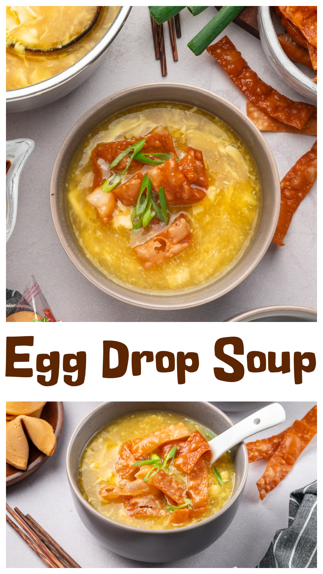 Egg drop soup with tender egg ribbons, savory chicken broth, and fried wonton strips for crunch. This homemade egg drop soup uses cornstarch to lightly thicken the broth, white pepper for depth, and a gentle simmer to create clean egg ribbons instead of clumps. Fried wonton strips add texture at the end, balancing the soft soup. A simple, brothy egg drop soup recipe focused on technique and texture. via @cmpollak1