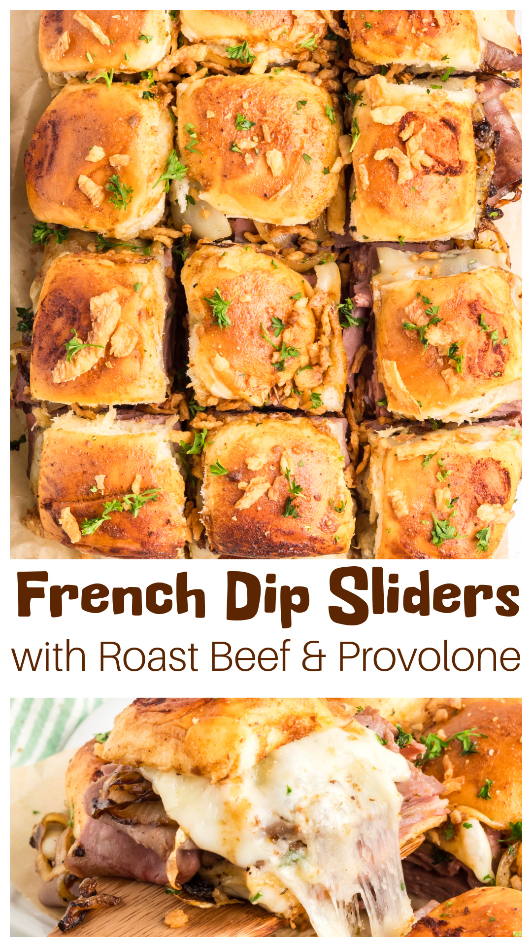 French dip sliders made with soft sweet rolls, thin-sliced deli roast beef, melted provolone cheese, and caramelized onions, baked together and served with warm au jus for dipping. These baked French dip sliders are easy to prep, perfect for Super Bowl Sunday, game day parties, and feeding a crowd. A reliable slider recipe that stays melty, savory, and satisfying without complicated prep. via @cmpollak1