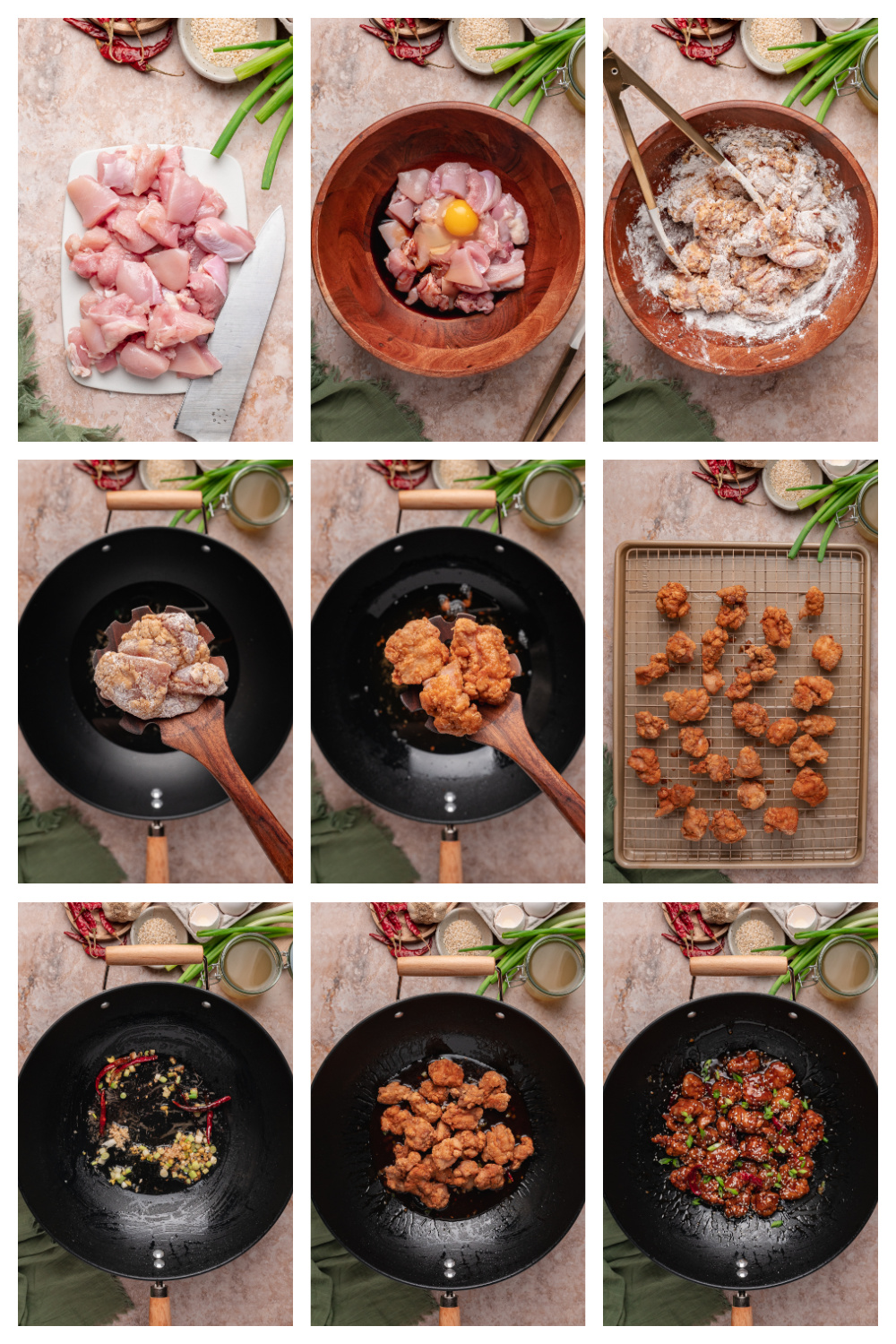 Step-by-step process of making General Tso&rsquo;s chicken from cutting chicken thighs to frying and tossing in sauce