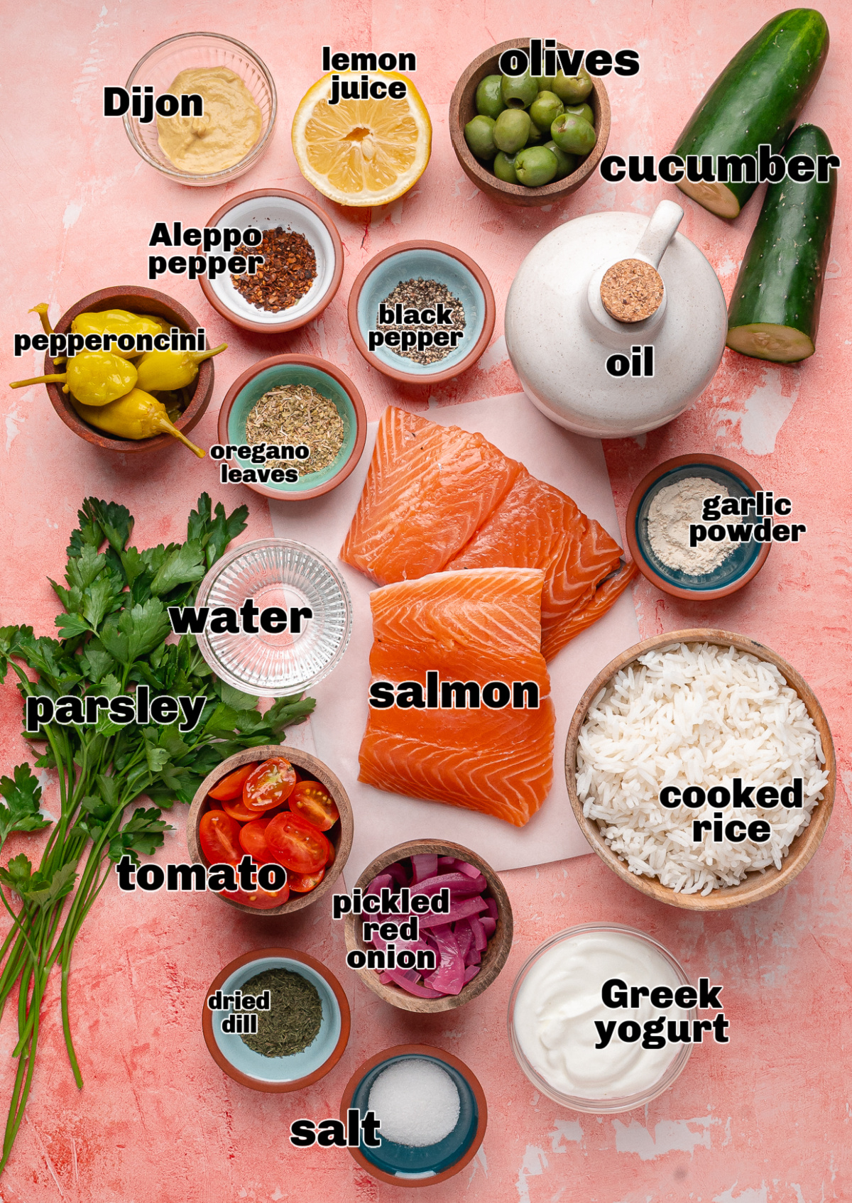 Greek salmon flat lay of ingredients