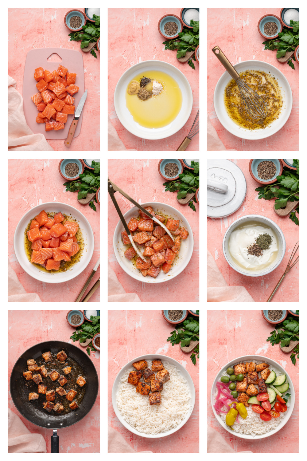 How to make Greek Salmon Rice Bowl step by step including marinating salmon, whisking Dijon olive oil marinade, searing salmon bites, and assembling rice bowl