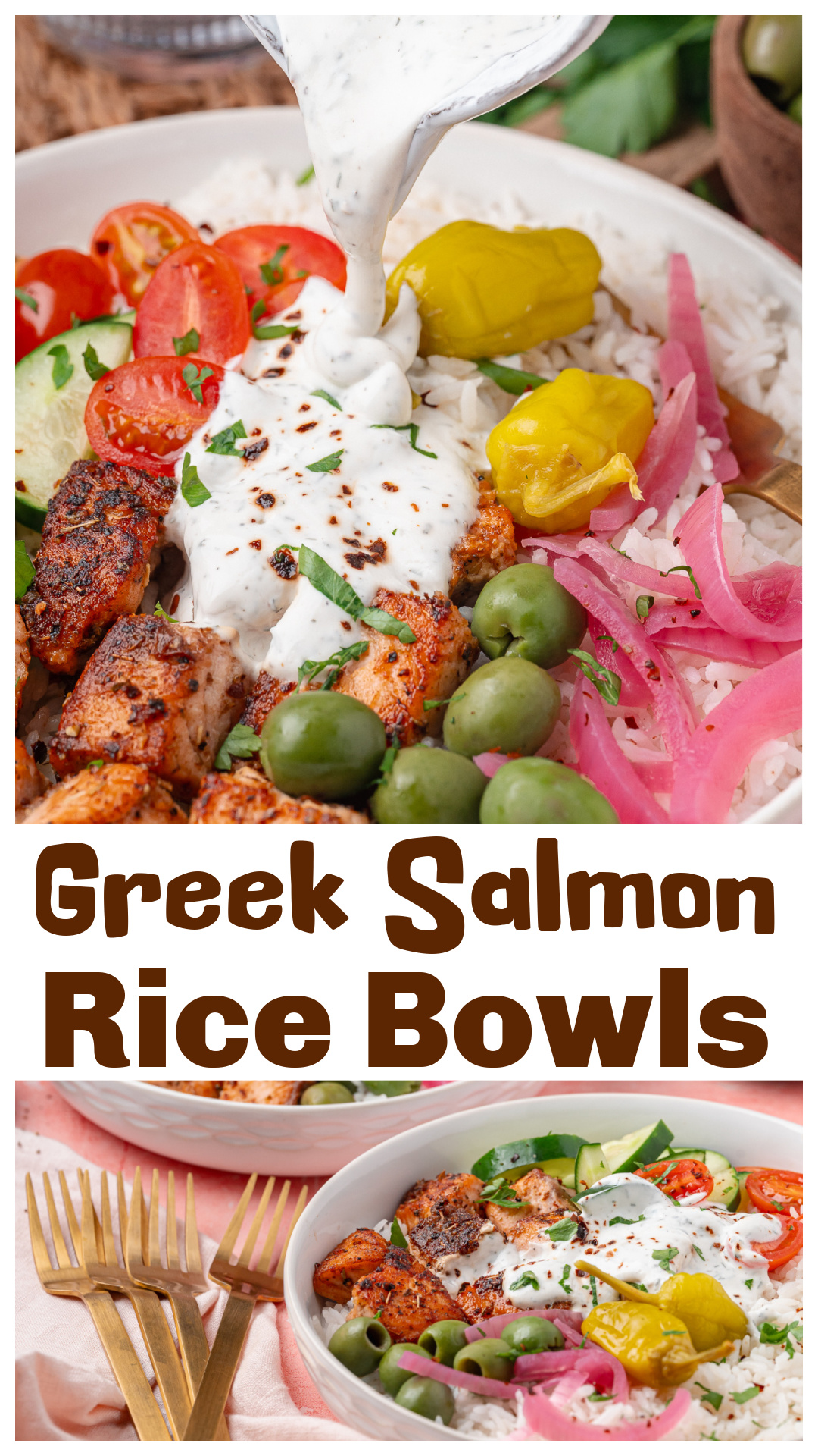 Greek salmon rice bowls with seared salmon bites, warm rice, crisp vegetables, and lemony yogurt dill sauce. This Greek salmon bowl is built on contrast, hot salmon, cool yogurt, briny olives, and sharp pickled red onions. It&rsquo;s an easy salmon rice bowl recipe that works for weeknight dinner. via @cmpollak1