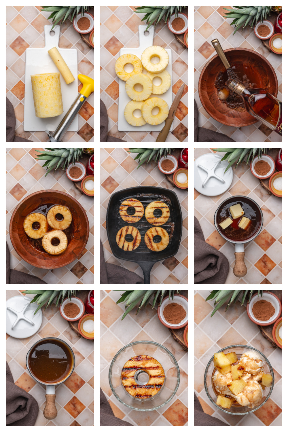 Step by step process for making a grilled pineapple sundae with rum sauce, from slicing pineapple to grilling and assembling