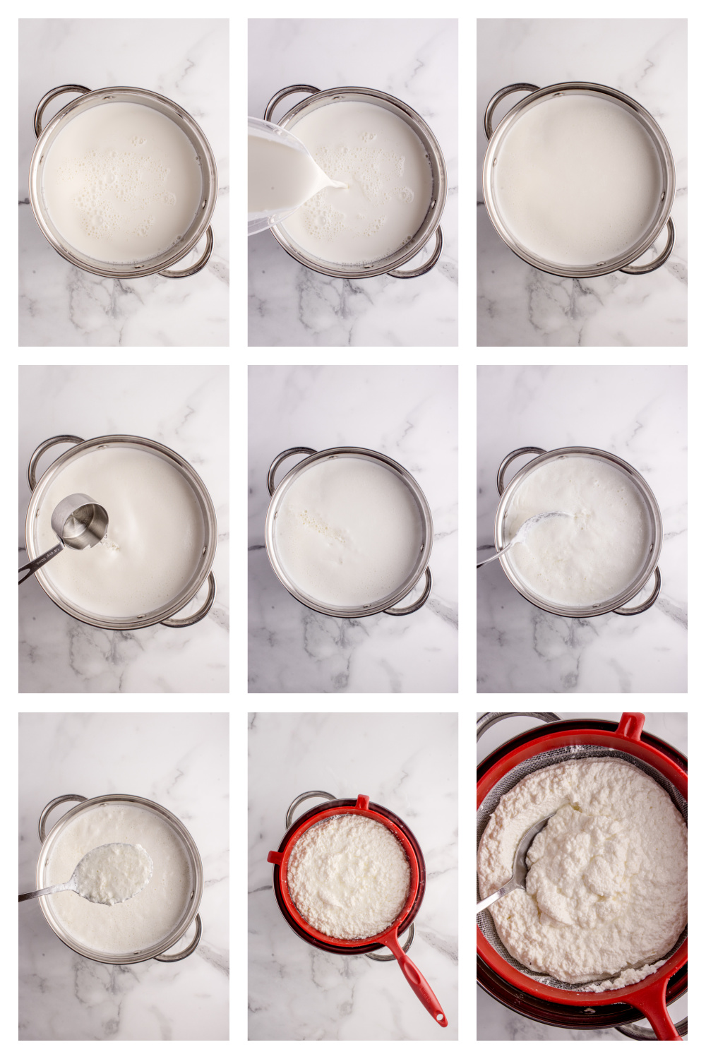 Step-by-step process showing milk heating, curd formation, and ricotta draining
