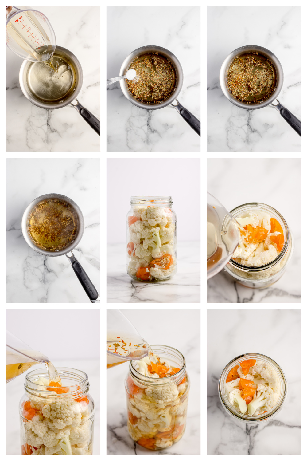 Step-by-step process of making hot pickled cauliflower from boiling brine to pouring over florets in jar