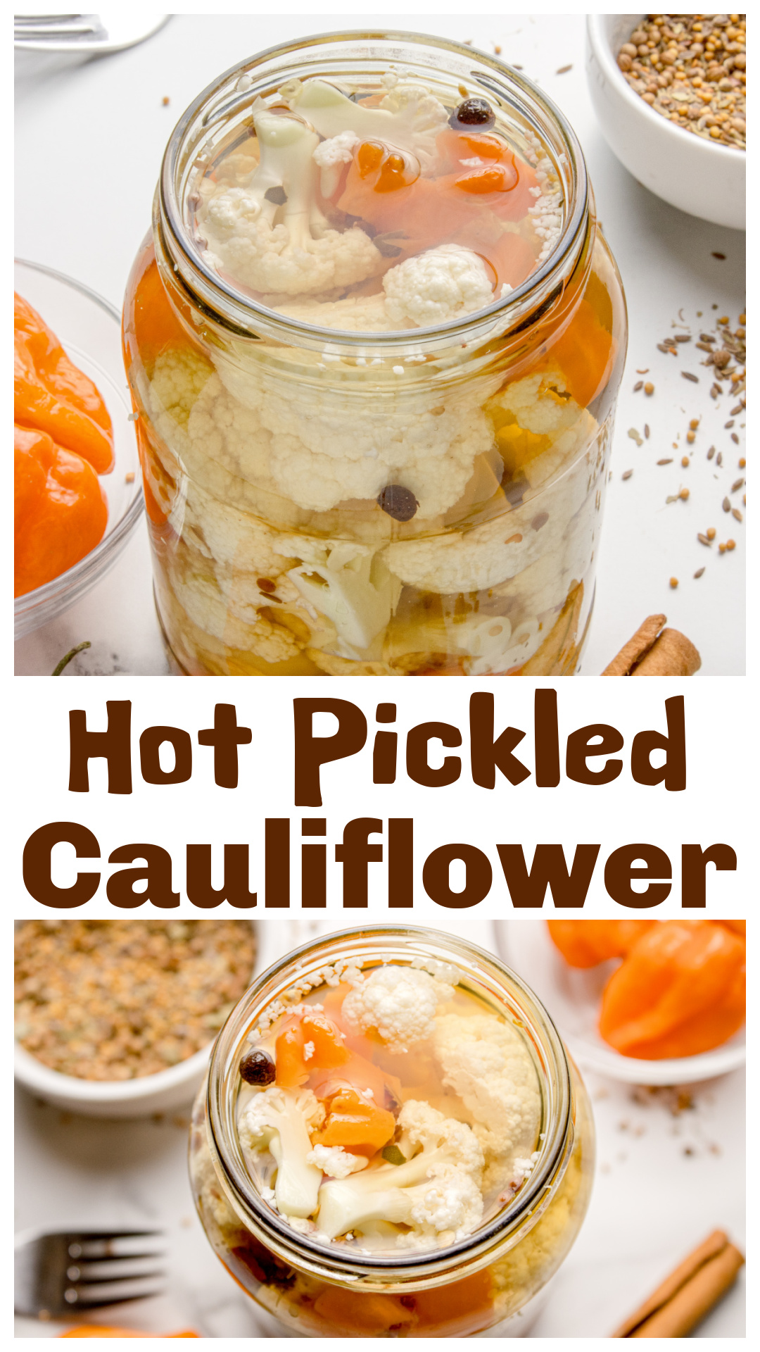 Hot pickled cauliflower made with fresh florets, habaneros, and a bold 5% vinegar brine. This spicy refrigerator pickled cauliflower recipe delivers serious crunch and balanced heat without canning. A quick pickled cauliflower that&rsquo;s perfect for charcuterie boards, sandwiches, tacos, salads, and snack plates. Ready in 48 hours and keeps its texture for weeks in the fridge. via @cmpollak1