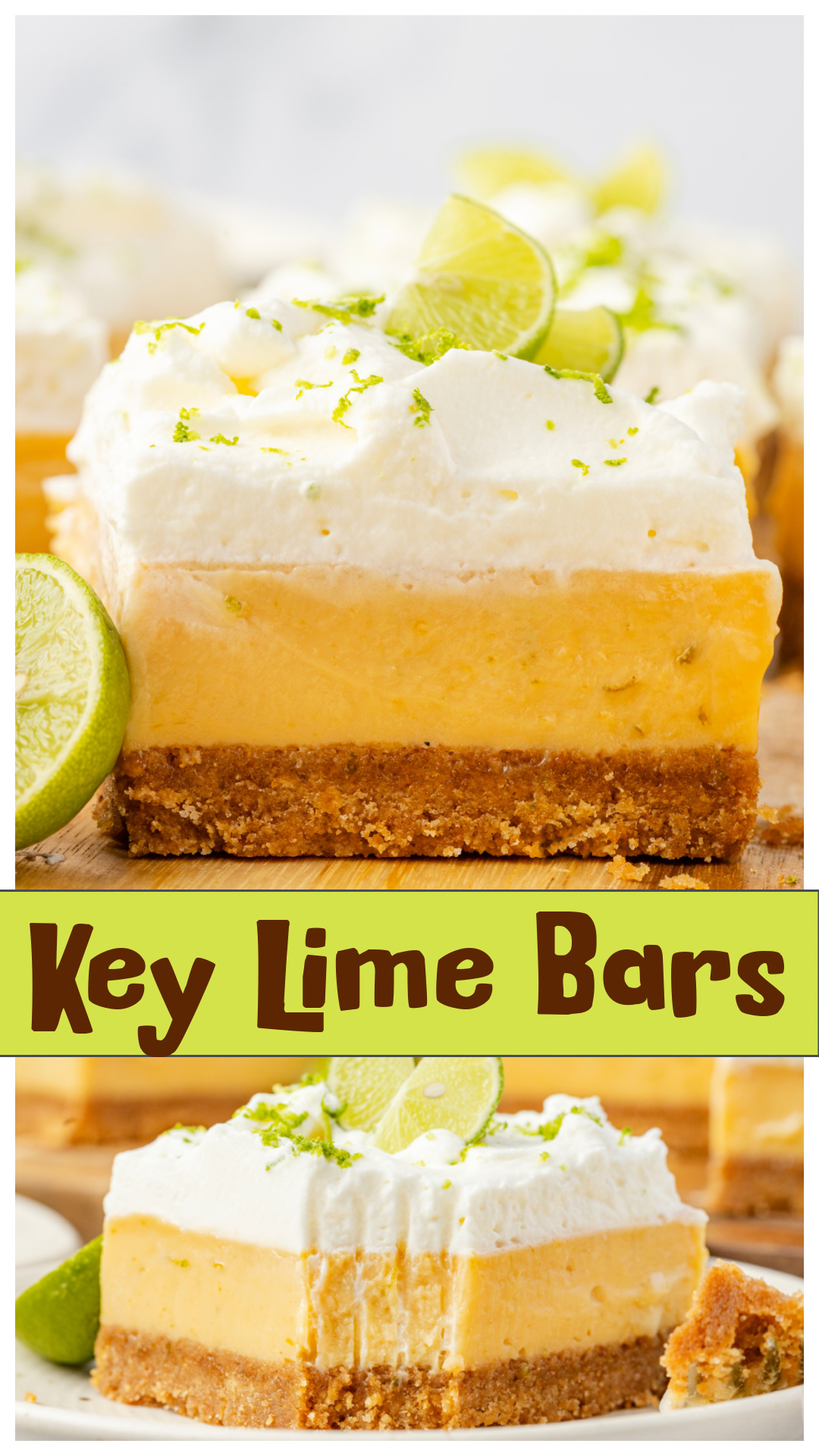 Key lime bars with a thick, creamy lime custard filling layered over a buttery graham cracker crust and topped with whipped cream and fresh lime zest. These bakery-style key lime bars slice cleanly, hold their shape, and deliver bold citrus flavor with a smooth, dense texture. Made from scratch with real lime juice and zest for a bright, balanced finish. via @cmpollak1